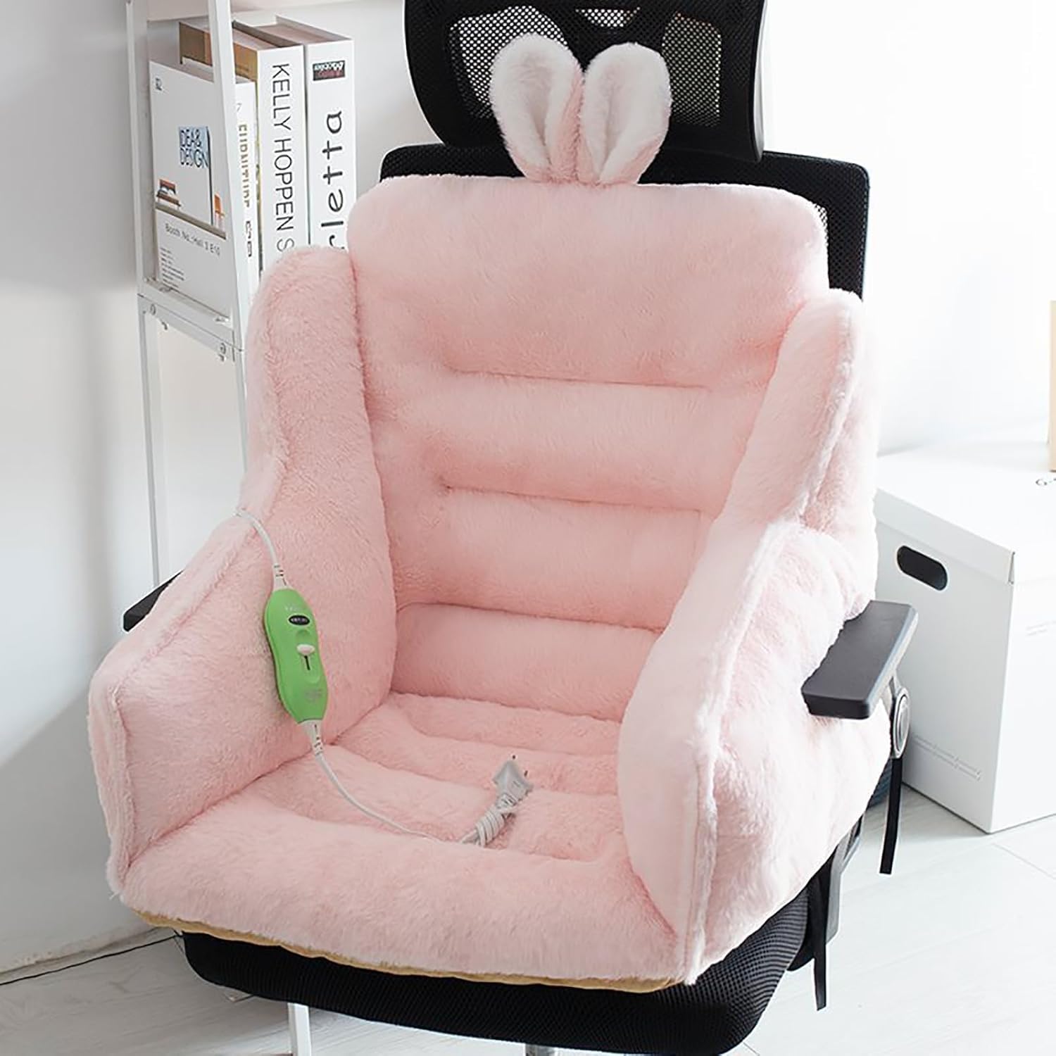 Cuscino riscaldato per sedia, con orecchie da coniglio, design con orecchie da coniglio, in velluto, con lacci, supporto per vita e schienale, perfetto per sedie da ufficio