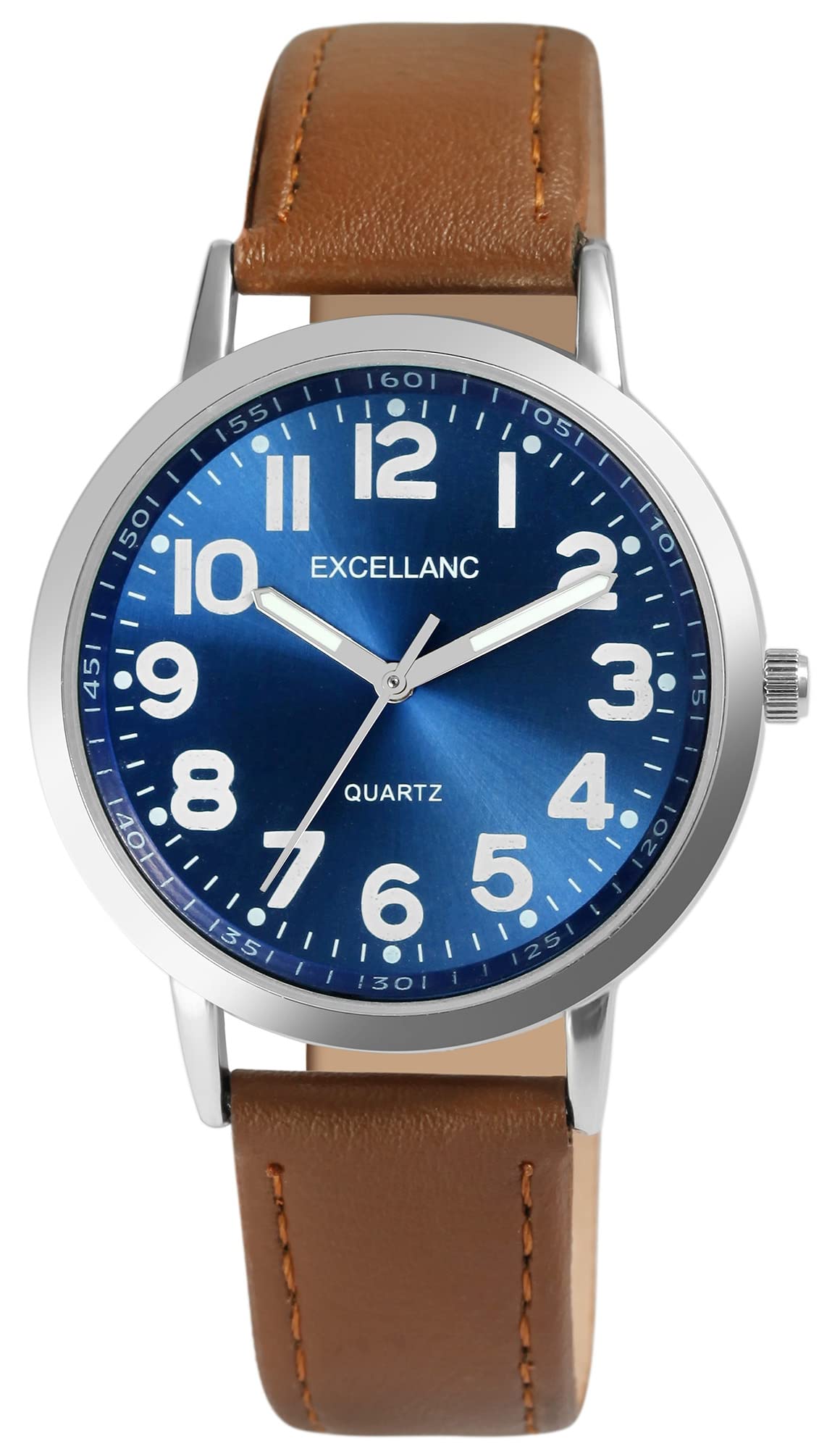 Excellanc Orologio da uomo blu marrone nero analogico in metallo e pelle al quarzo