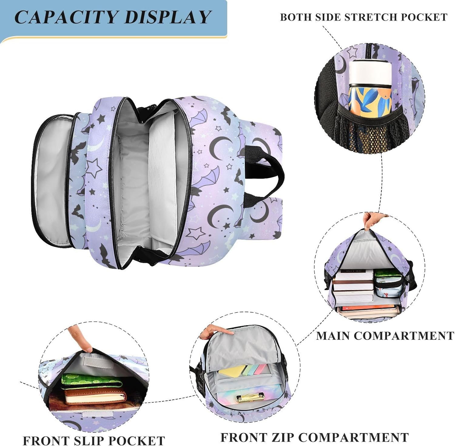 Purple Bat Moon Backpack for Girls-Boys Middle-School Elementary Bookbags Toddler School Bags Child Lightweight Preschool Large Bookbags