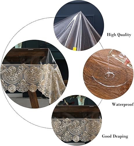 Miniatura 5 de Mantel rectangular de plástico transparente de vinilo impermeable, borde de encaje bordado, mantel transparente para comedor, cocina al aire libre