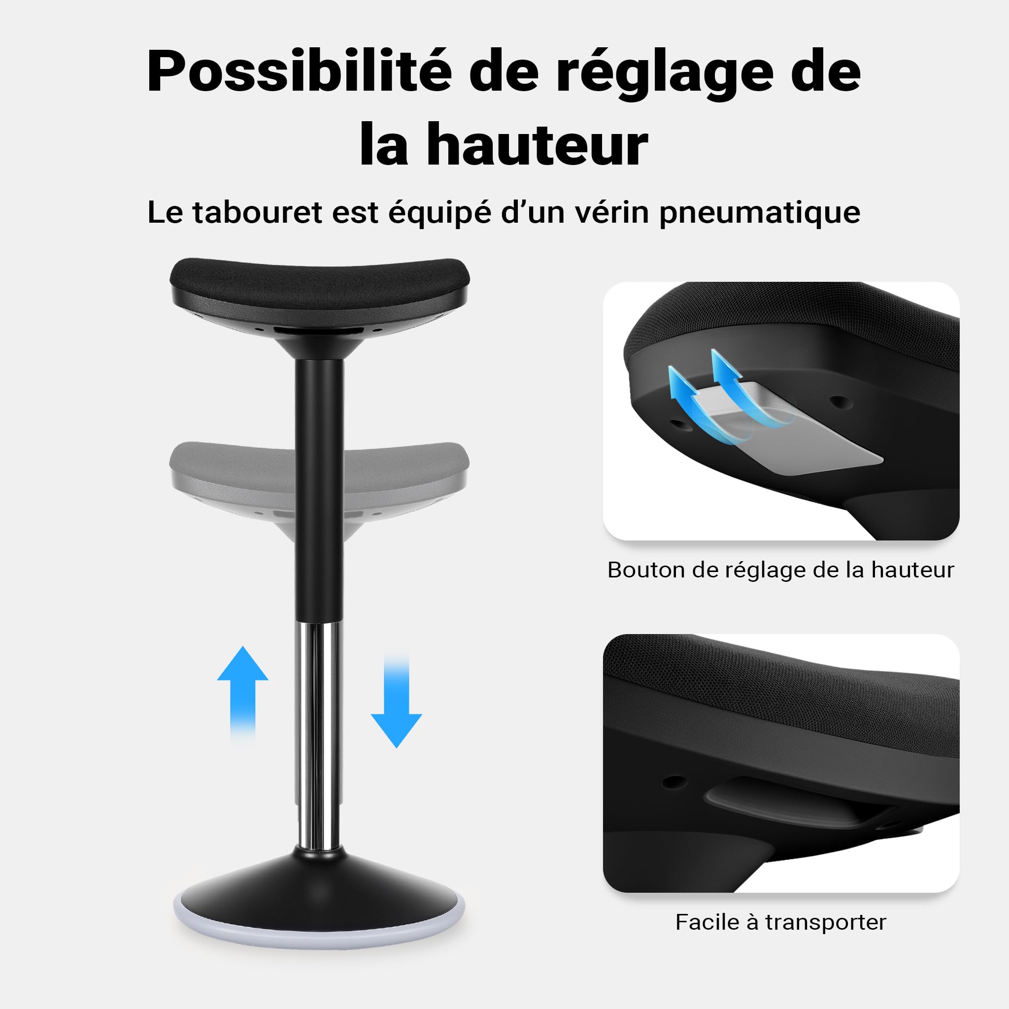 WilTec Tabouret Ergonomique Assis Debout – 36 x 23 x 55-82 cm – Capacité Max. 135 kg – Couleur Noire – avec Ressort à gaz – Fauteuil de Bureau, Chaise Debout Assis