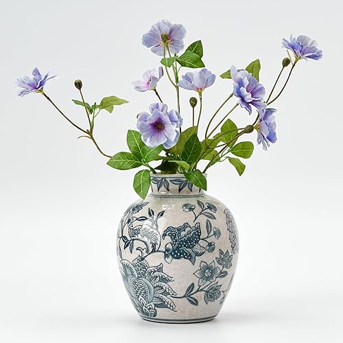 SIDUCAL Jarrón floral chino de cerámica  6.3 pulgadas azul y blanco vintage  Jarrón retro de porcelana azul y blanco agrietado con hielo para mesa,