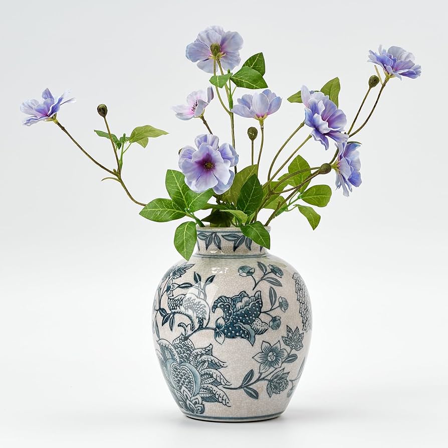 SIDUCAL Ceramic Chinoiserie Floral Vase | 6.3 Inch Blue and White Vintage | Retro Ice Cracked Blue and White Porcelain Vase for Table, Living Room, Bathroom Decoration, Shelf Decor, Mantel
