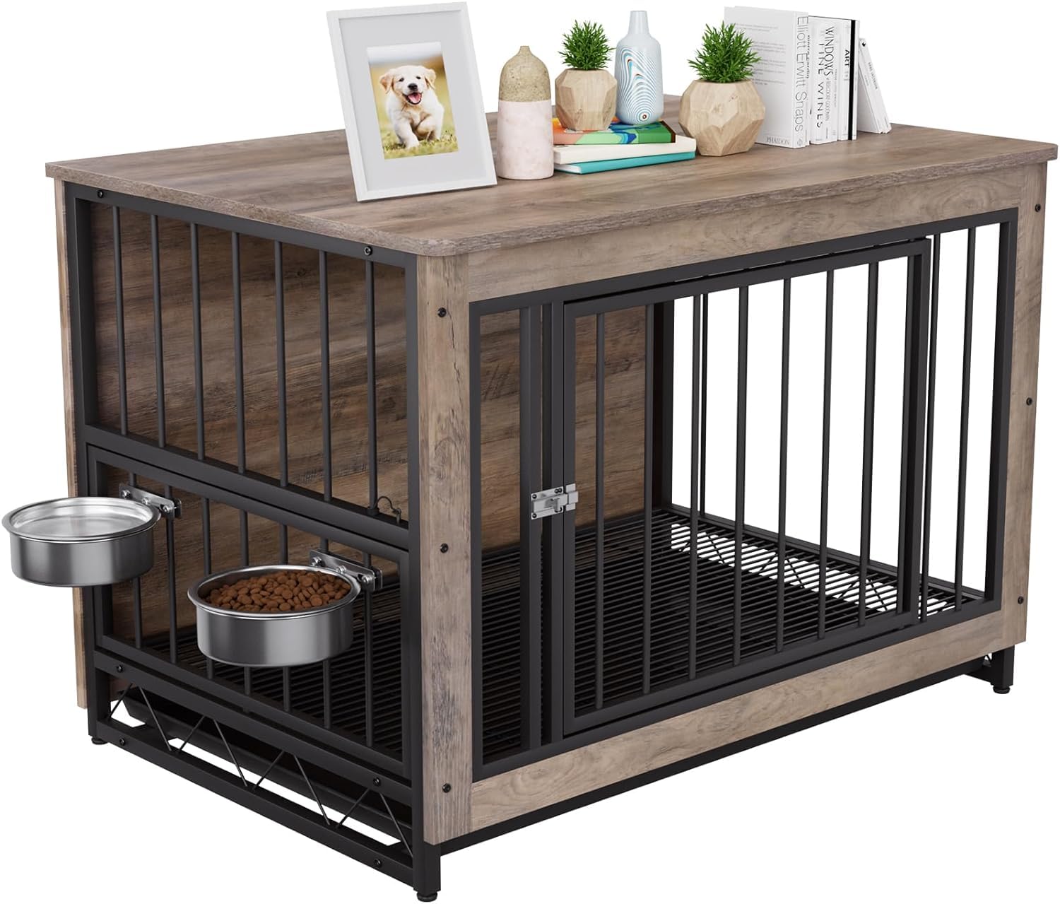 Gabbia per Cani da Interno, 93x64x58 cm, Kennel Medio Piccolo, Casetta Con 2 Ciotole e Porte, Vassoio Estraibile, per Cani di Piccola Media Taglia fino a 40 kg, Grigio
