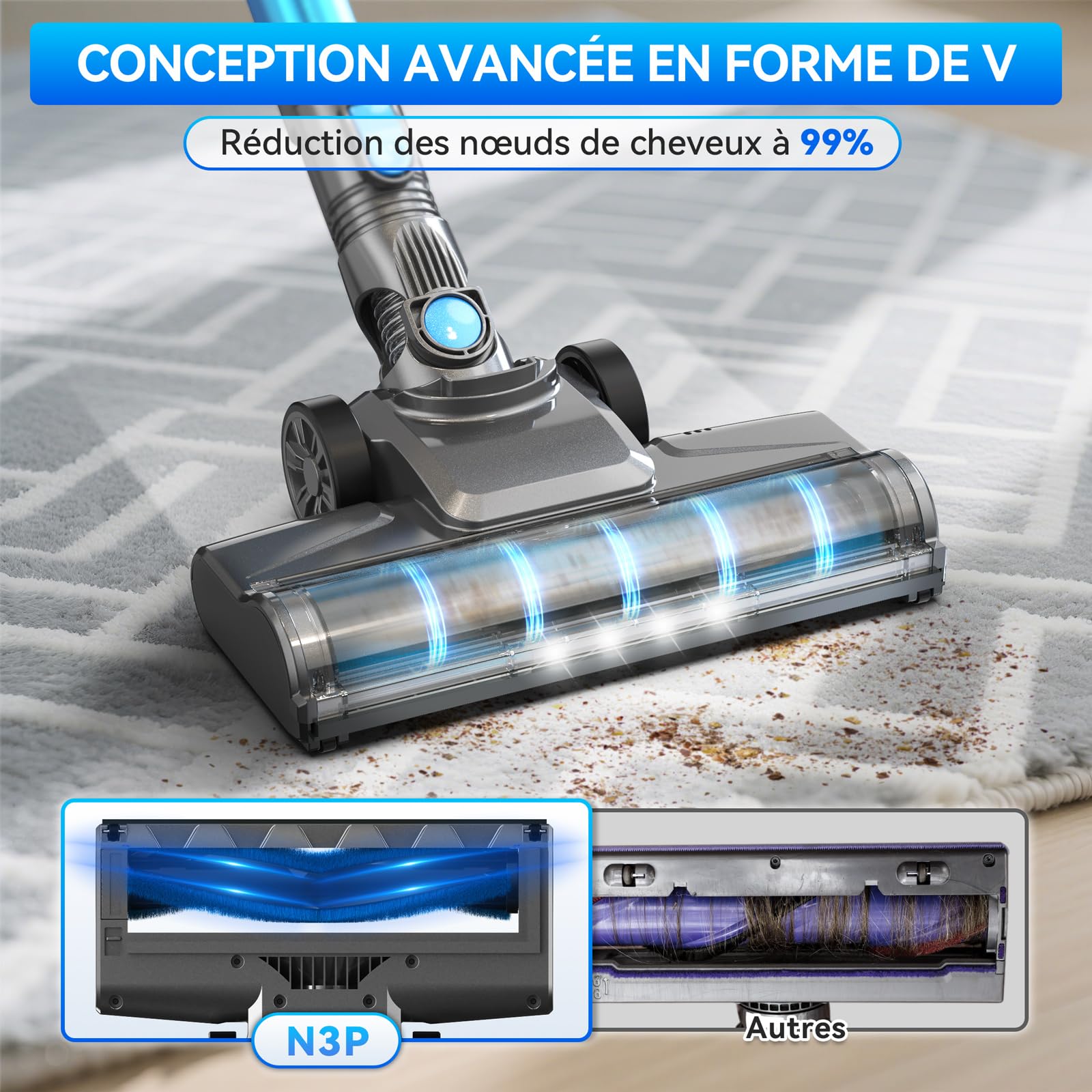 Aspirateur Balai sans Fil, 28kPa Aspirateur sans Fil, 6 en 1 Aspirateur Puissant Aspirateur sans Fil Puissant 55 Minutes d'Autonomie, Brosse LED, Aspirateur Balai pour Tapis Sols Poils d'animaux