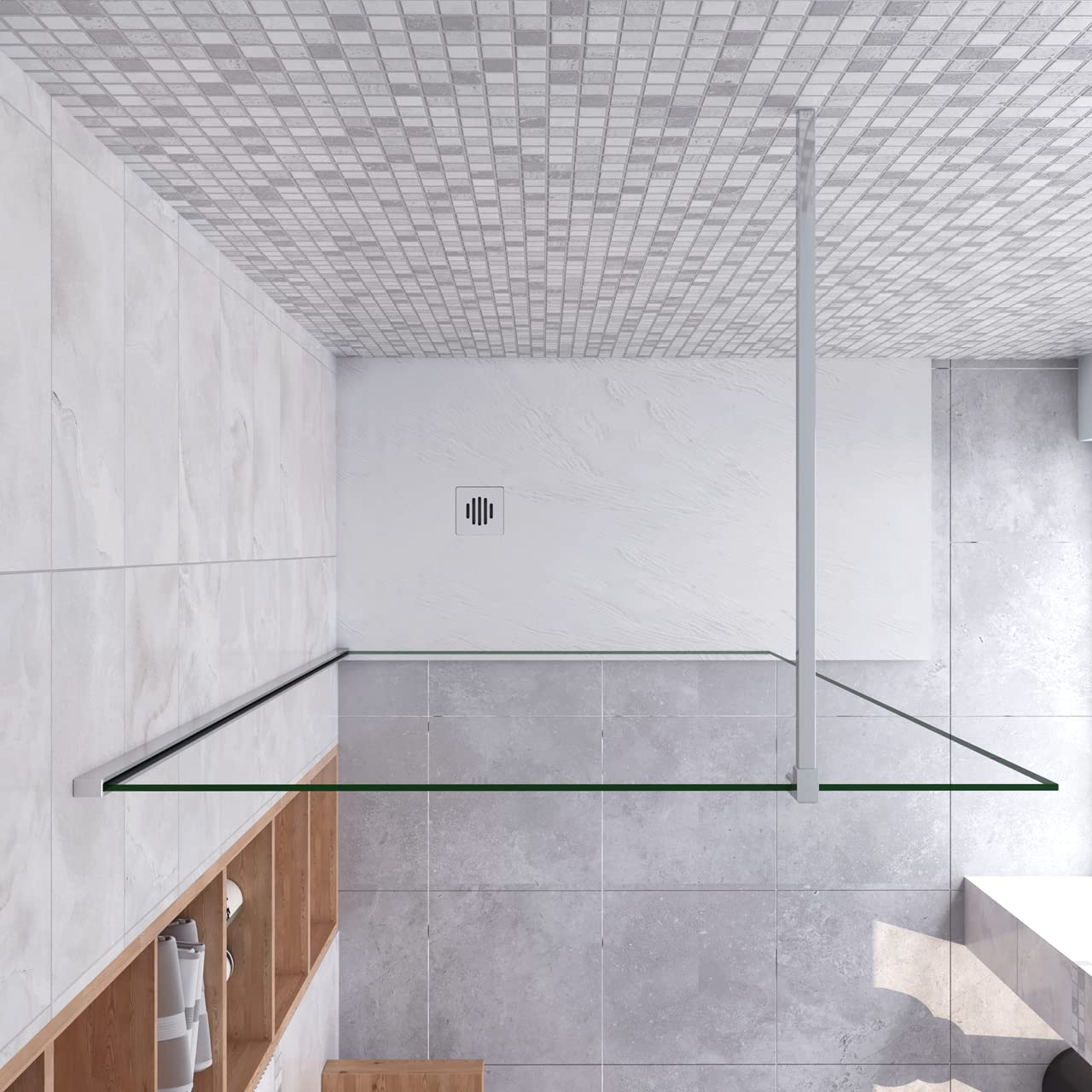 Parete Fissa Doccia Walk In 110x200 cm Vetro Temperato Trasparente Anticalcare 10 mm Con Barra Stabilizzatrice da 90 cm tagliabile