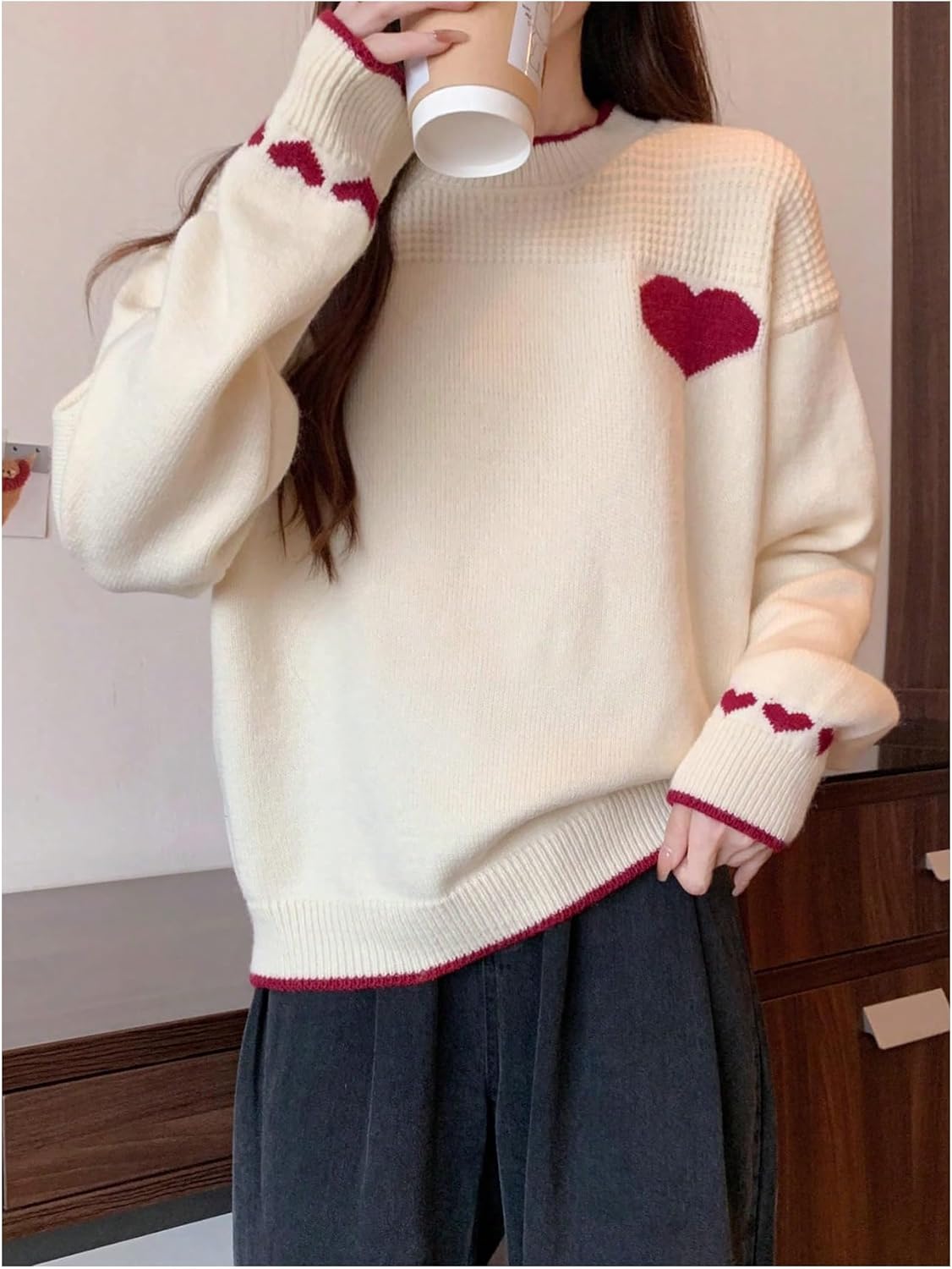 GORGLITTER Women's Heart Sweater Long Sleeve Crew Neck Cute Knitted Valentines Pullover Jumper Tops Fall Trendy - Image 5
