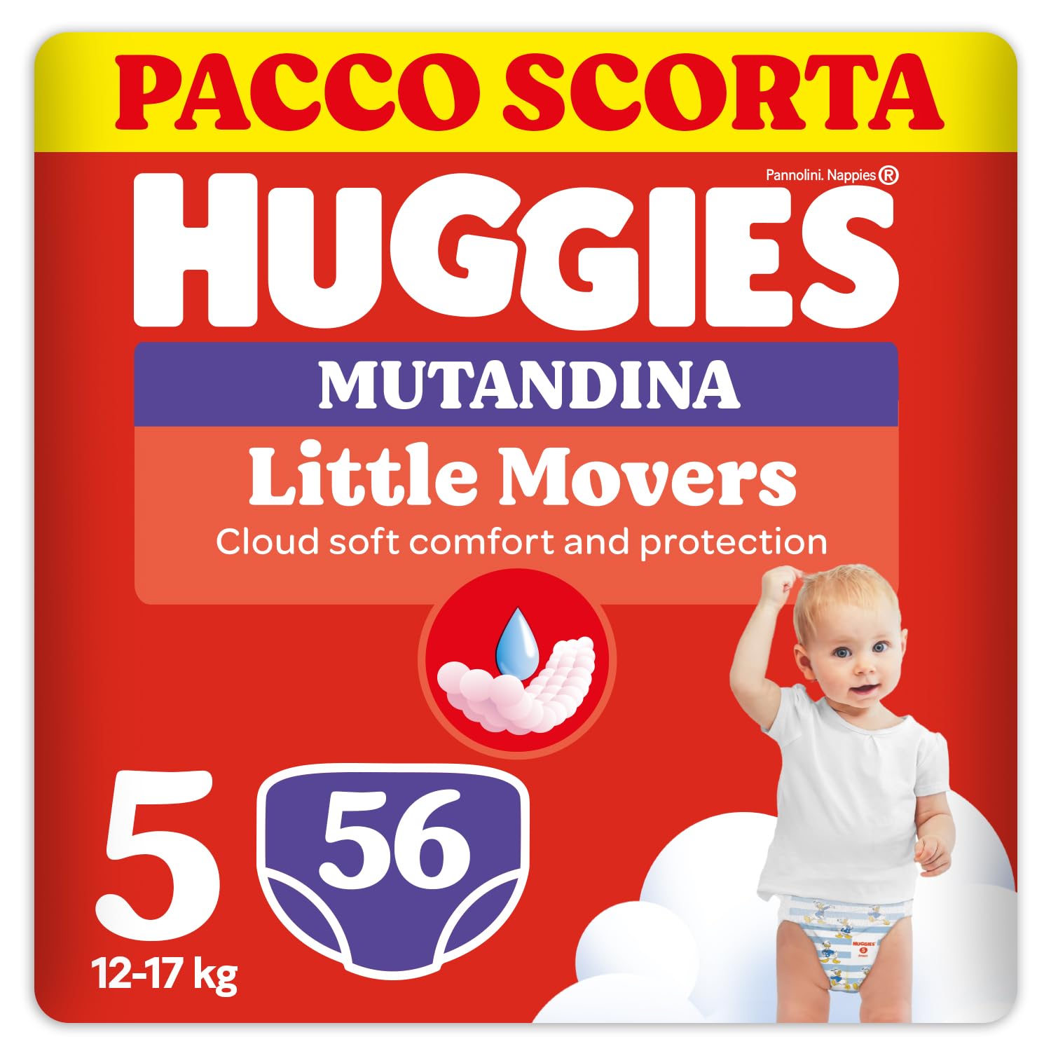 Pannolini Huggies Little Movers Mutandine Taglia 5 (12-17 Kg), Ultra assorbenti, Protezione completa, Pacco Scorta, 56 Pz