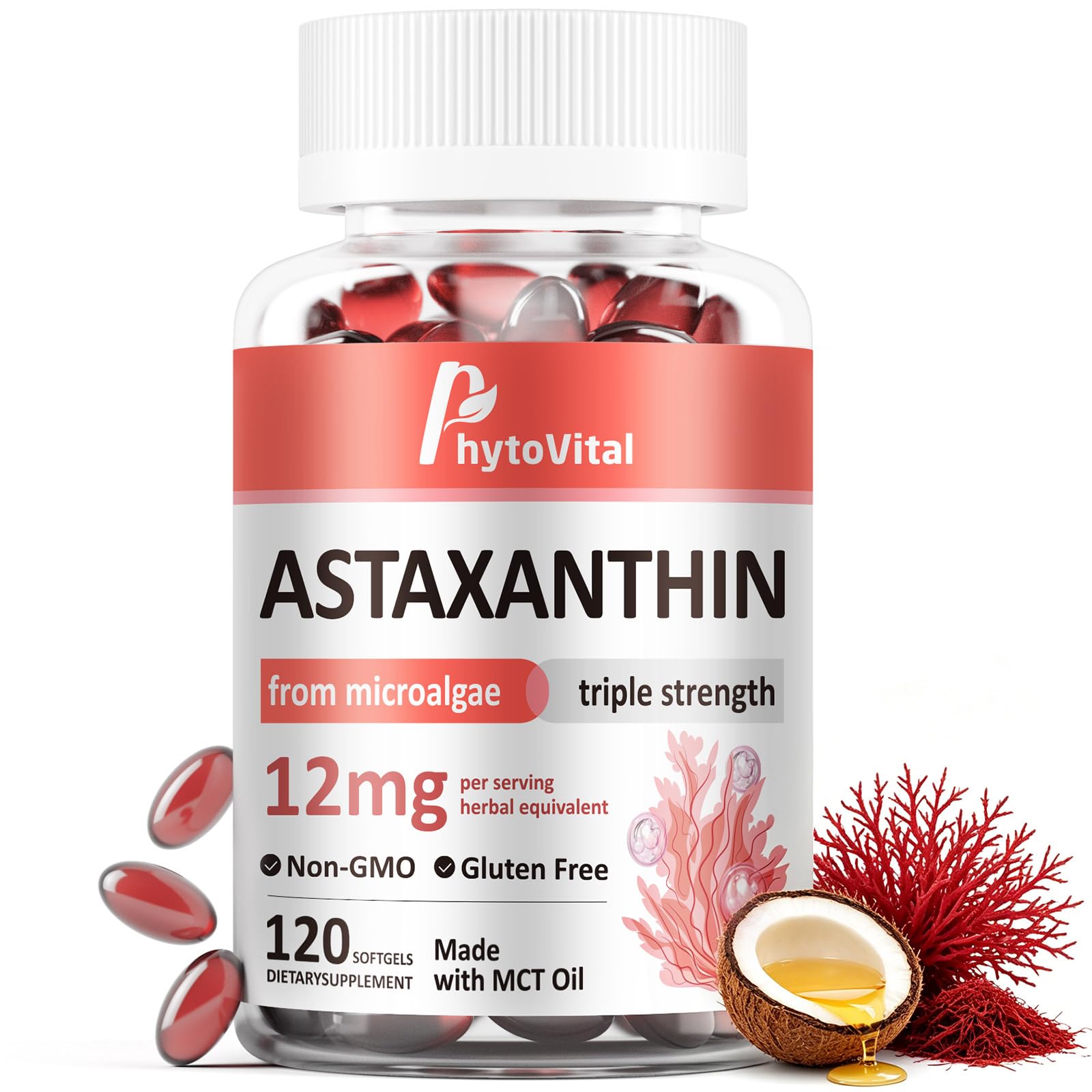 Astaxanthin 12mg with MCT Oil, 120 Softgels (4-Month Supply) – Triple Strength Antioxidant Supplement from Haematococcus Pluvialis – Non-GMO, Gluten-Free, Vegan 120 Count (Pack of 1)