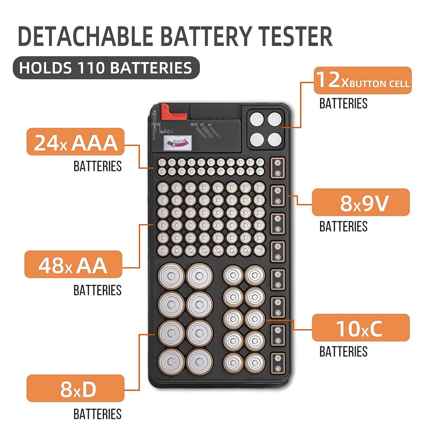Organizzatore di Batteria 110 Slot per AAA AA 9V C D con Tester Rimovibile
