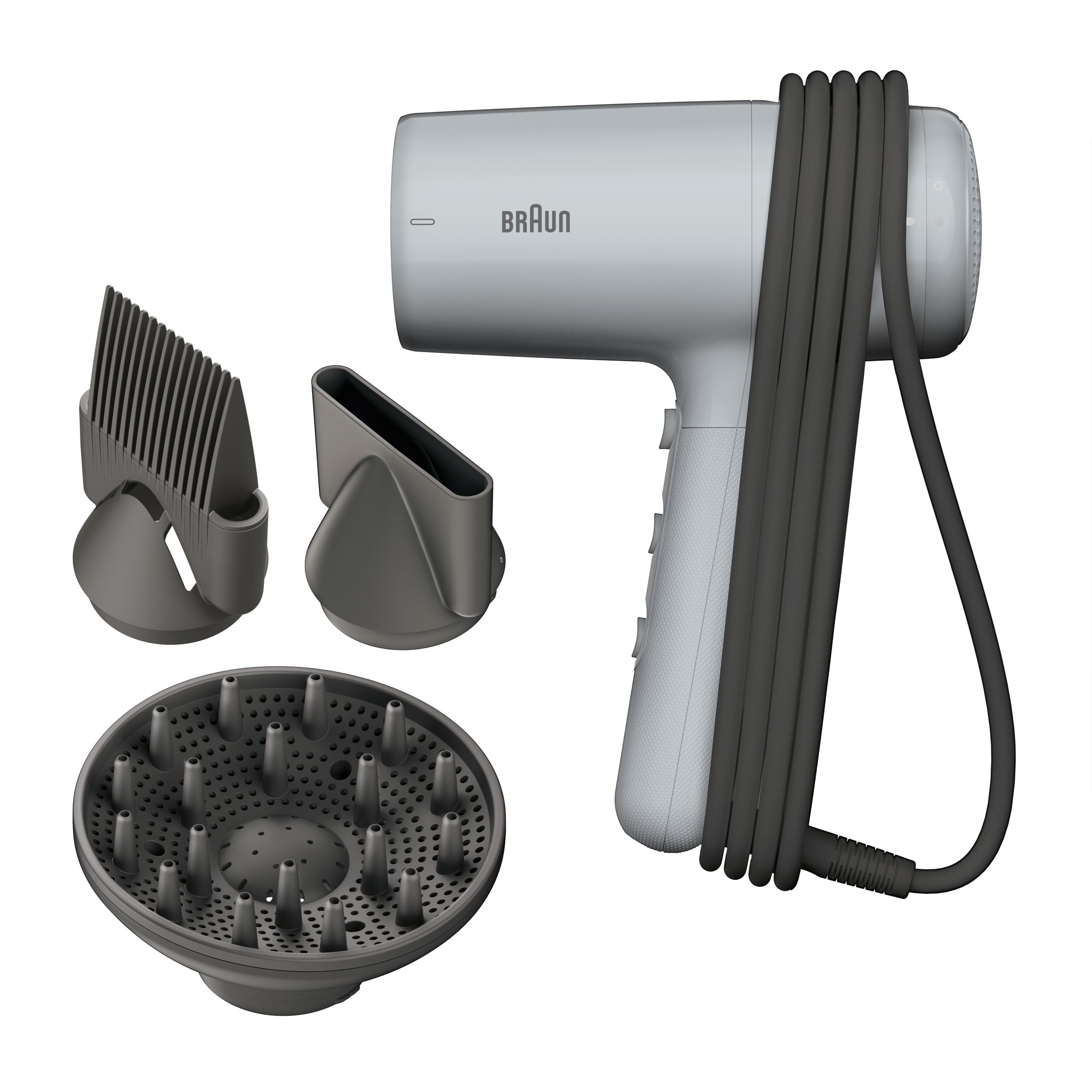 Braun Haartrockner HD2.35 – Leichter Haartrockner mit Diffusor, Glättkamm und Stylingdüse für alle Haartypen, IONTEC Technologie, 2200 W, 3 Temperaturen und 2 Geschwindigkeiten, Grau, BRHD235E