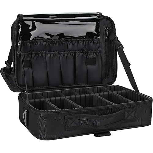 Relavel Makeup Bag Travel Makeup Train Case 13.8 inches Large Cosmetic Case Professional Portable Makeup Brush Holder Organizer and Storage with Adjustable Dividers and Shoulder Strap Black