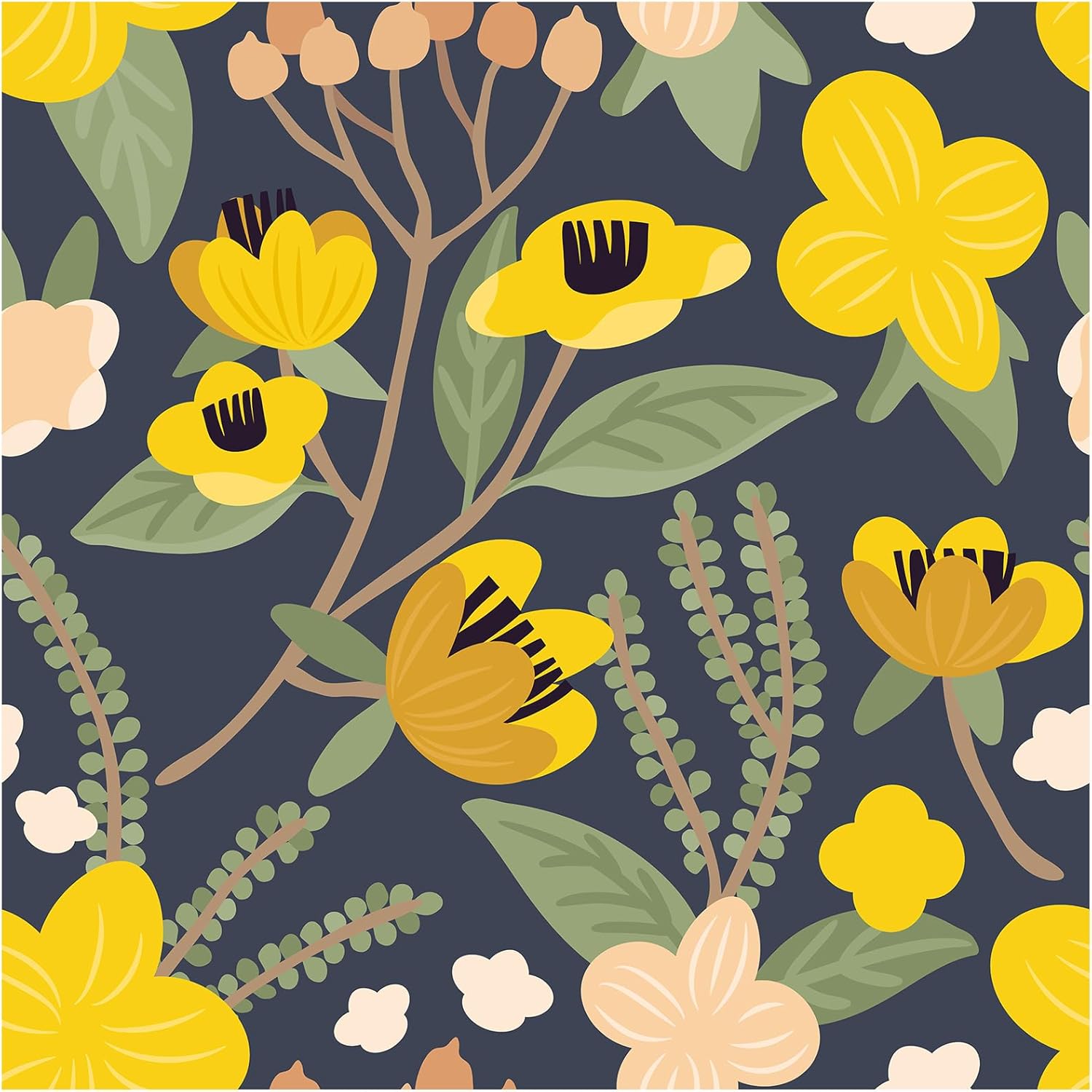 HAOKHOME Peel and Stick Wallpaper Floral Boho Yellow Wall Paper Renter Friendly Removable Contact Paper Navy/Yellow/Pink for Bathroom Nursery Decor 17.3in x 9.8ft