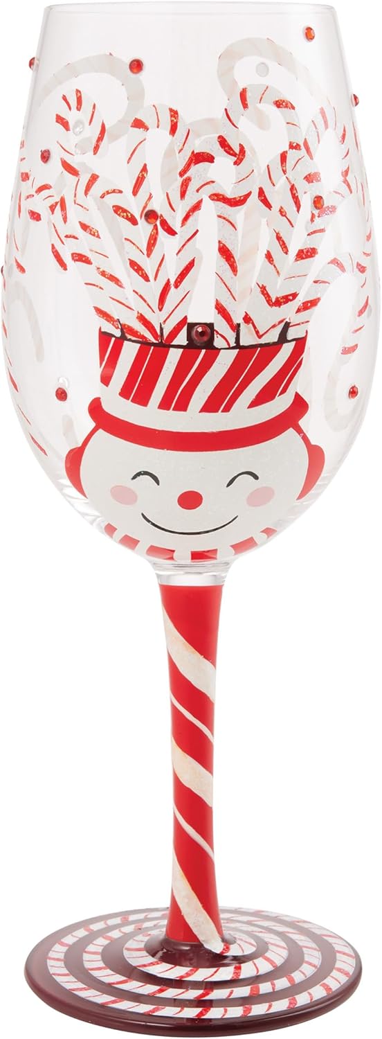 Enesco Lolita Christmas Candy Cane Snowman Jar Hand-Painted Artisan Wine Glass, 15 Ounce, Multicolor