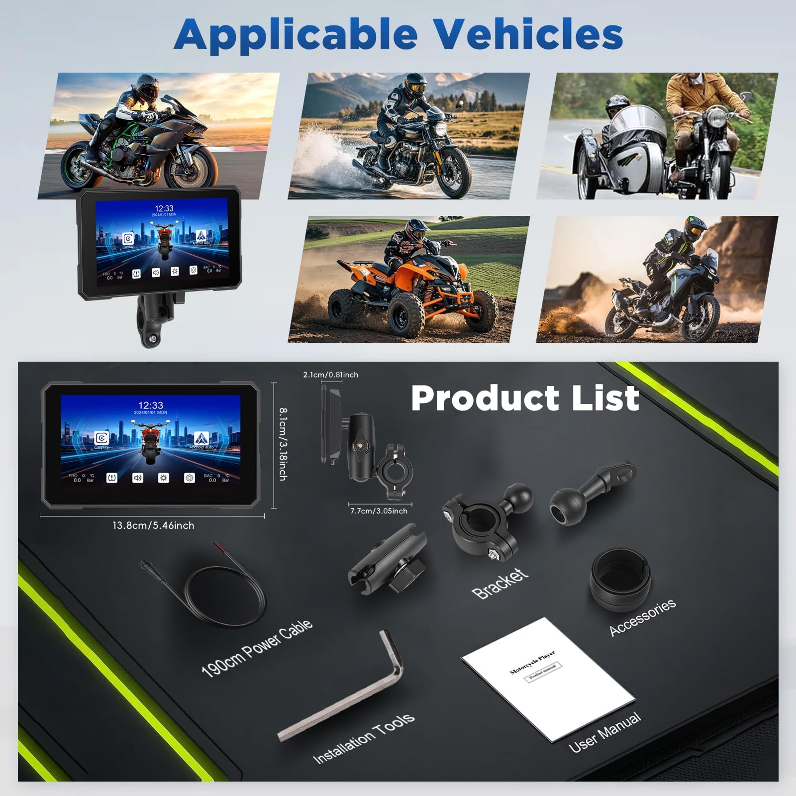 5 Zoll Carplay Motorrad mit kabellosem CarPlay und Android Auto, IP67 Wasserdicht, Reifendrucküberwachung, GPS Navigation und Sprachsteuerung – Für Alle Motorräder Geeignet