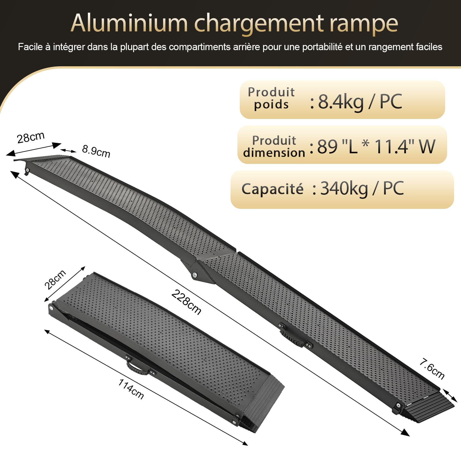 gardhom 2X Rampe Voiture Pliante 680Kg Aluminium Rampe de Chargement 228x28x4.5cm Antidérapante Rampes de manutention Rampe Moto, Tondeuse à Gazon, Vélo et Quad