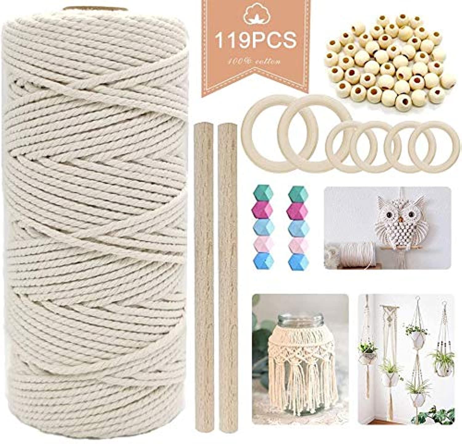 UPTO Macrame Cord 3mm,Macrame Kit for Beginners Adults Natural Cotton Rope with Wood Rings,Wood Stick,Colour Beads for Macrame DIY Wall Hanging,Plant Hanger Kits,Macrame Starter Kits