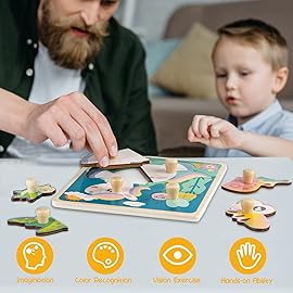 Funsland Eco Friendly Animal Puzzles, 4 Pcs Jigsaw with Handles, Infant Kid Montessori Puzzles for 1-3 Years Old