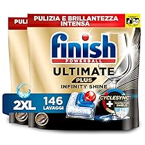 Finish Ultimate PLUS Infinity Shine Capsule Lavastoviglie, 146 Capsule, Detergenti per Lavastoviglie contro lo Sporco e i Residui Incrostati (Confezione da 2)
