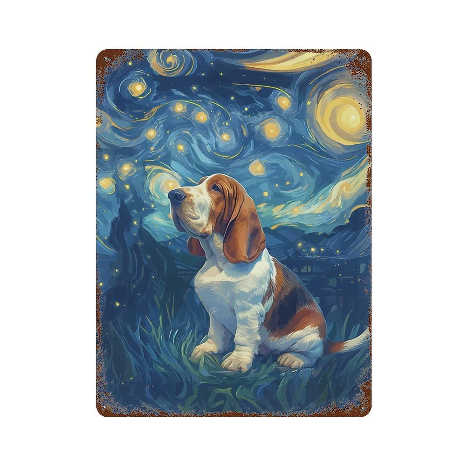 Rust Effect Starry Night Bastet Hound Weathered Tin Sign 15.7"x11.8", Shabby Chic Decor for Cafe, Home Bar And Lounge Decor