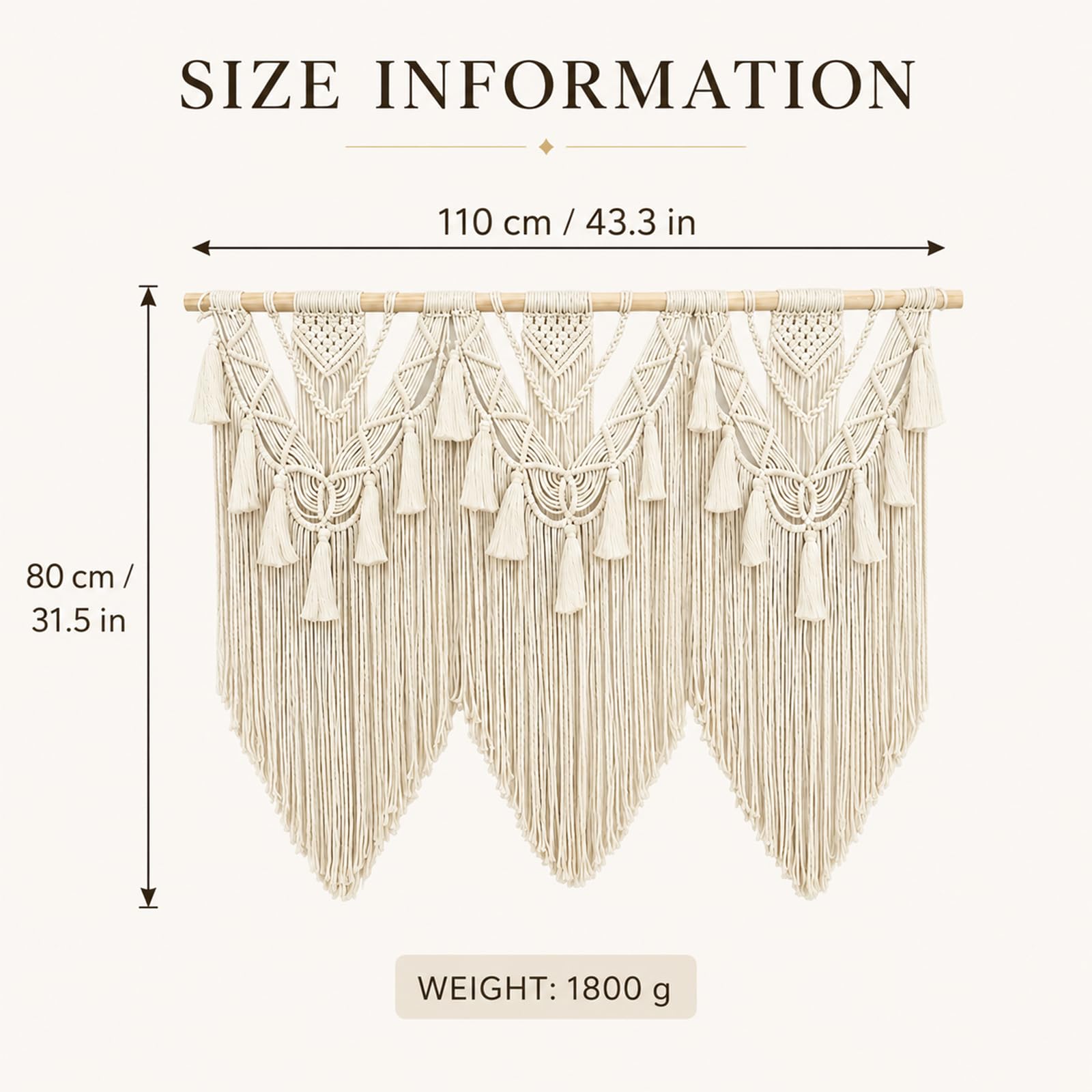 Macrame Colgante de Pared Grande Tapiz Boho Chic Tejido Algodón con Barra