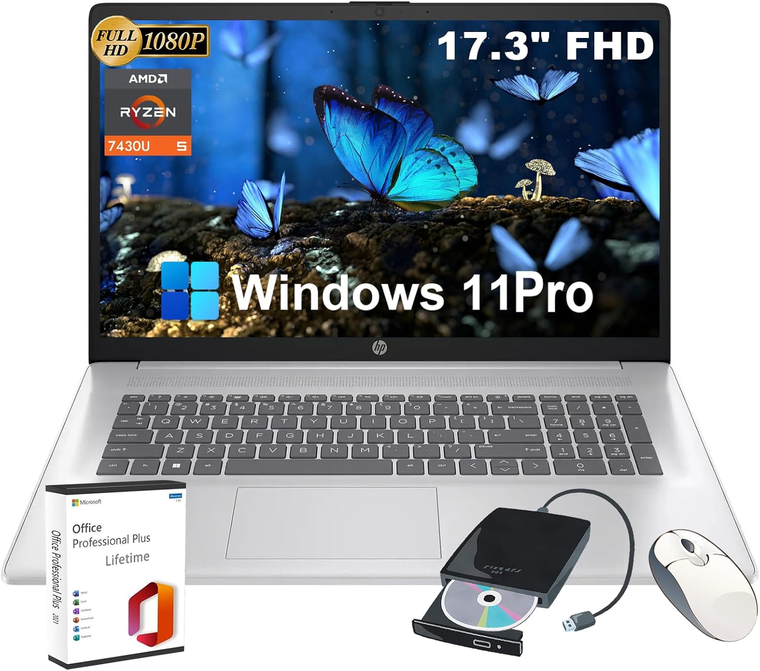 HP 17-inch Laptop Business Computer - AMD Ryzen 5 7430U, 17.3" IPS FHD Display, AI Copilot, Wi-Fi 6, Win 11 Pro, w/MS Office Lifetime, External DVD Drive (16GB RAM | 512GB SSD)