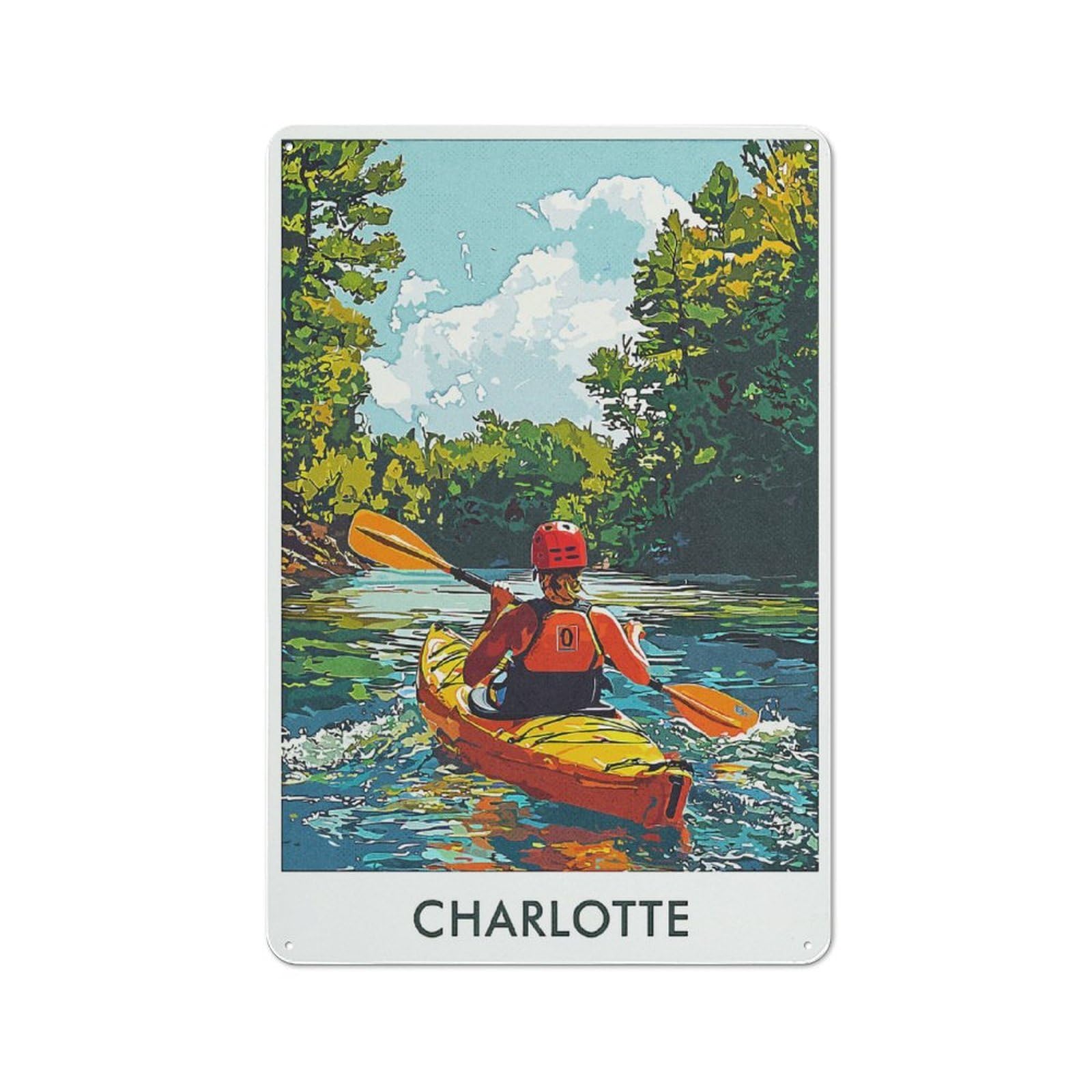 Metal Wall Plaque with Kayaking in Charlotte Design 30x20cm, Retro Room Wall Plaque for Home, Shop, Pub Or Studio Wall