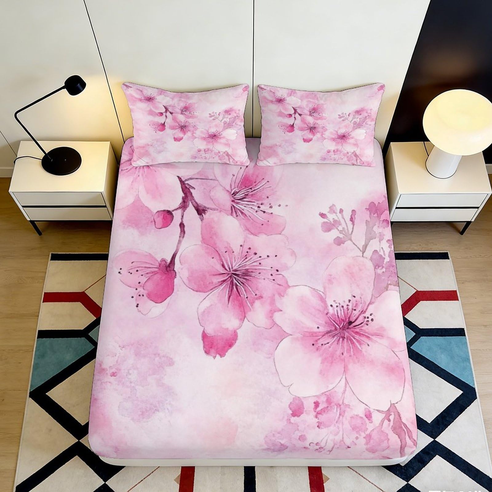 Pnayamiorkfel Style-4 3D Printed Sakura Blossom Fitted Sheet Microfiber Pink Floral Bedroom Decor Mattress Cover For Home Guest Room 90X200x25cm