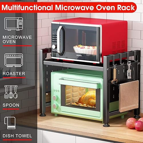 Miniatura 5 de Kitstorack Estante ajustable para horno de microondas, estante resistente de 2 niveles con soporte para tablas de cortar para estantes de cocina,