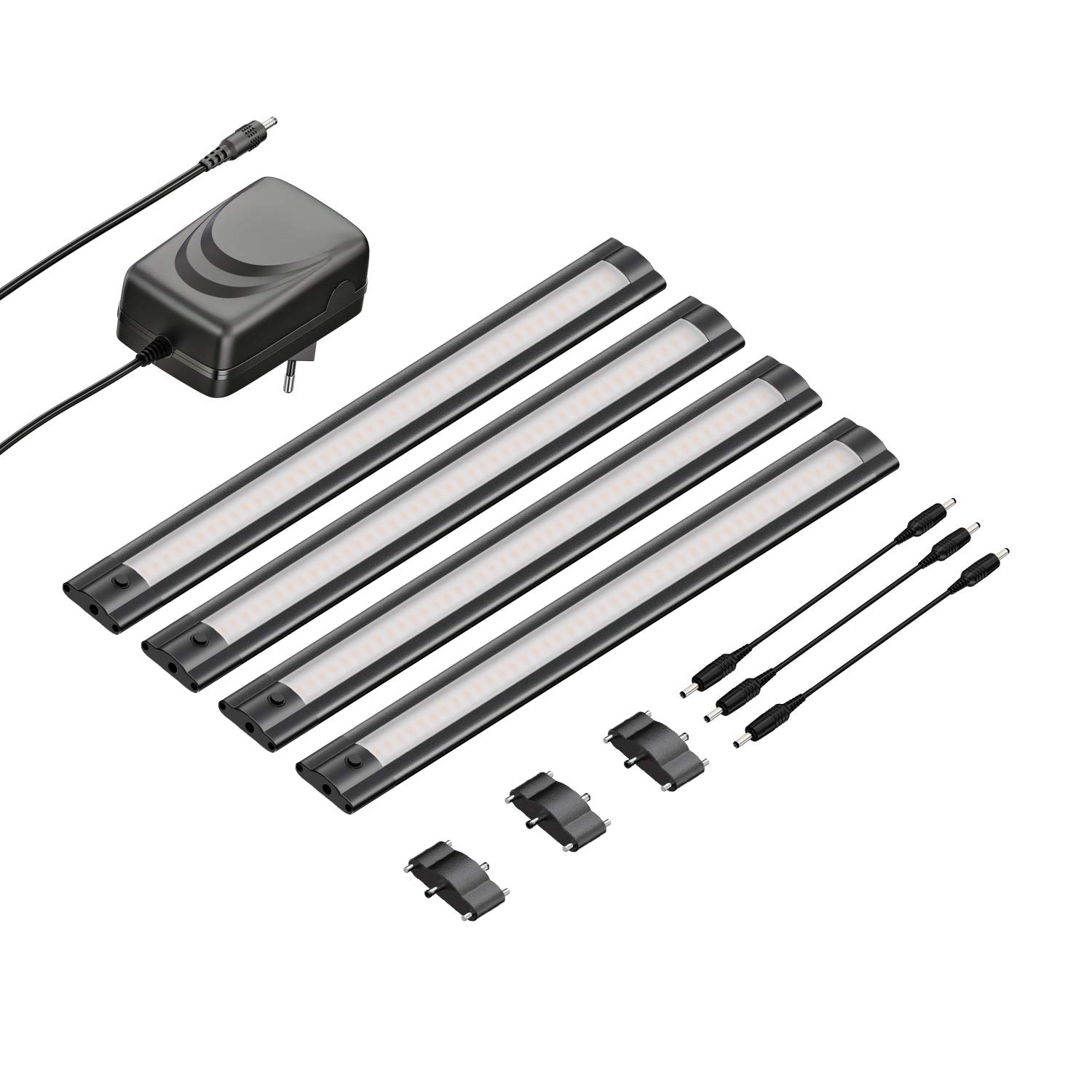 ledscom.de Luce sotto il mobile a LED SIRIS nero opaco, piatto, 30cm, 368lm ciascuno, bianco caldo, set di 4