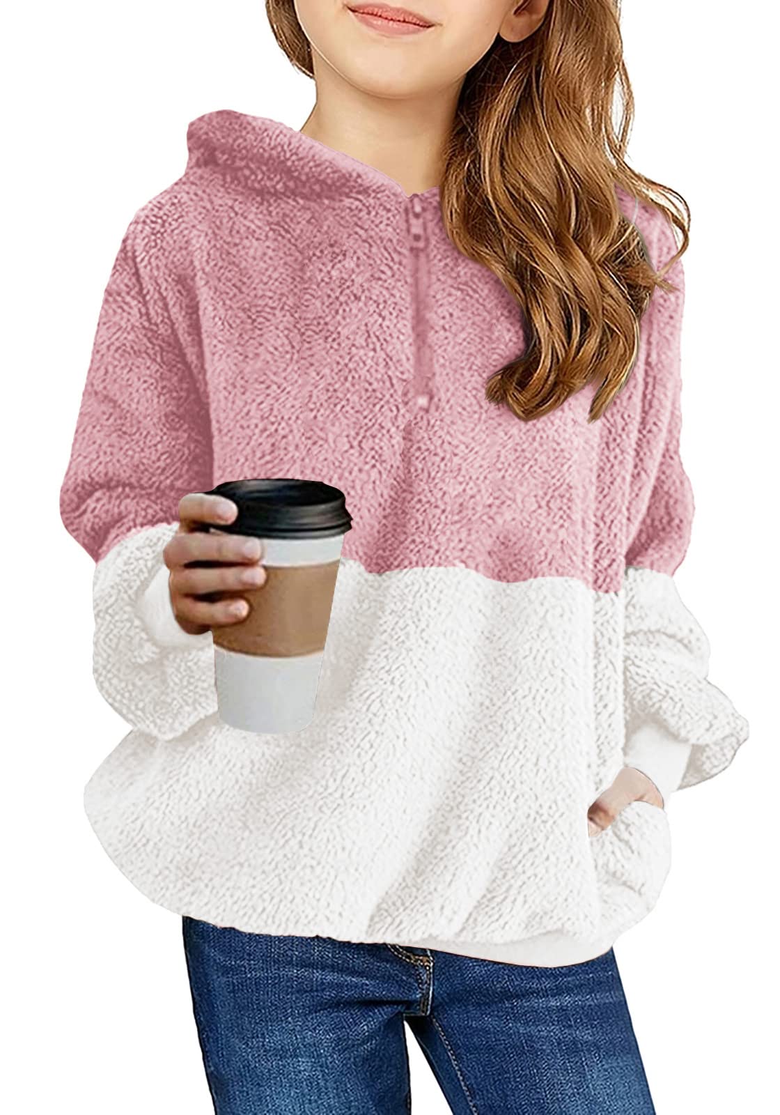 Haloumoning Girls A-Dark Pink Fuzzy Fleece Pullover Hoodies Sweatshirt Casual Loose Outwear Coat With Pockets 4-15 Years, 10-11 Years