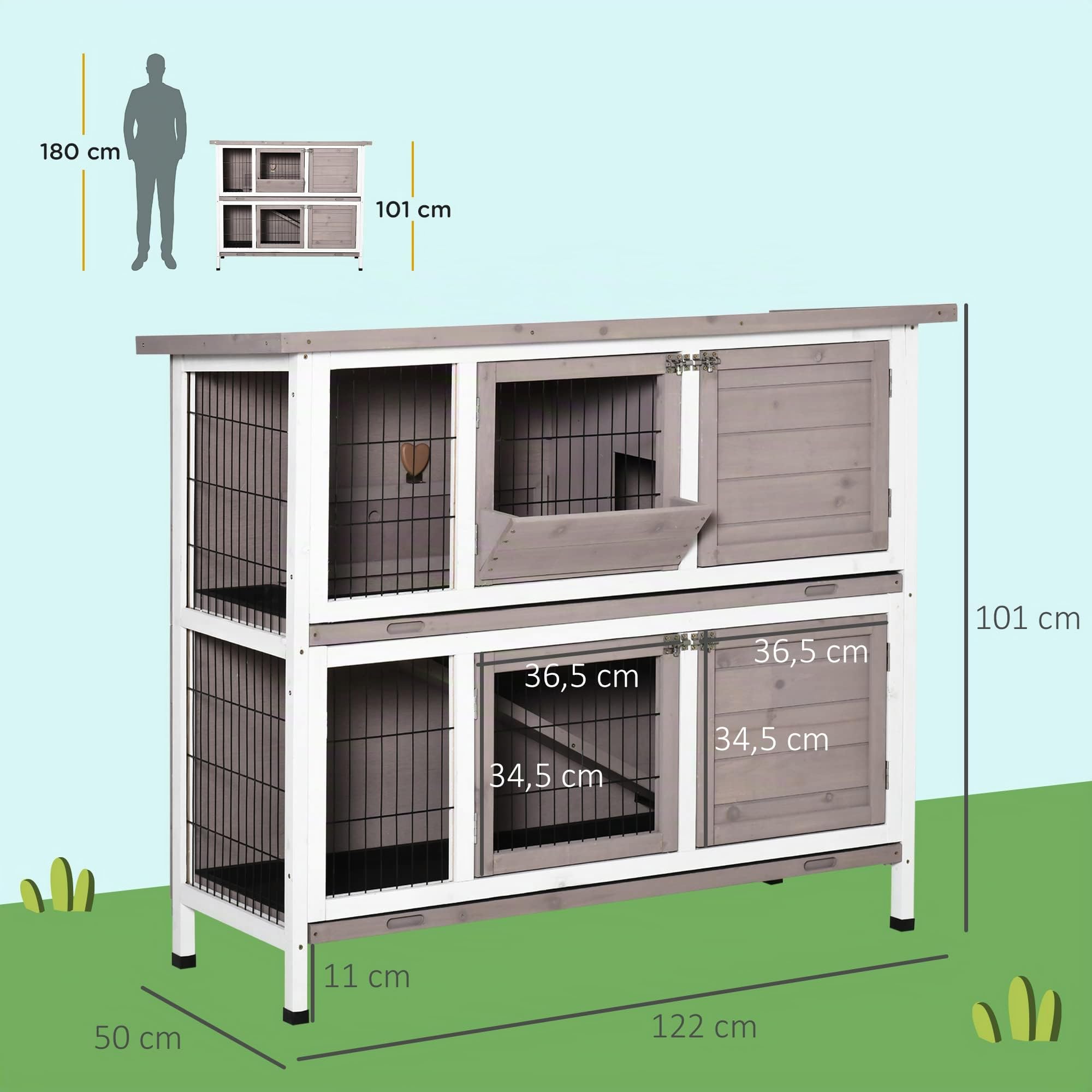 PawHut Cage pour Lapin 2 Niveaux 122 x 50 x 101cm Gris Blanc