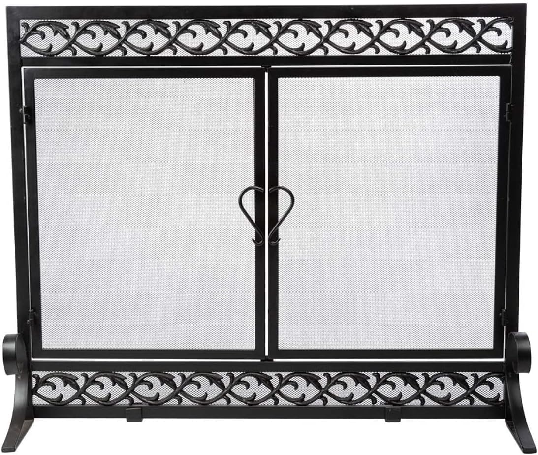 Plow & Hearth Scrollwork, 37" W X 30" H, Metal Fireplace Screen with Magnetic Hinged Doors, Spark Guard Cover, Stand Alone Wrought Iron Panel Fire Place Cover