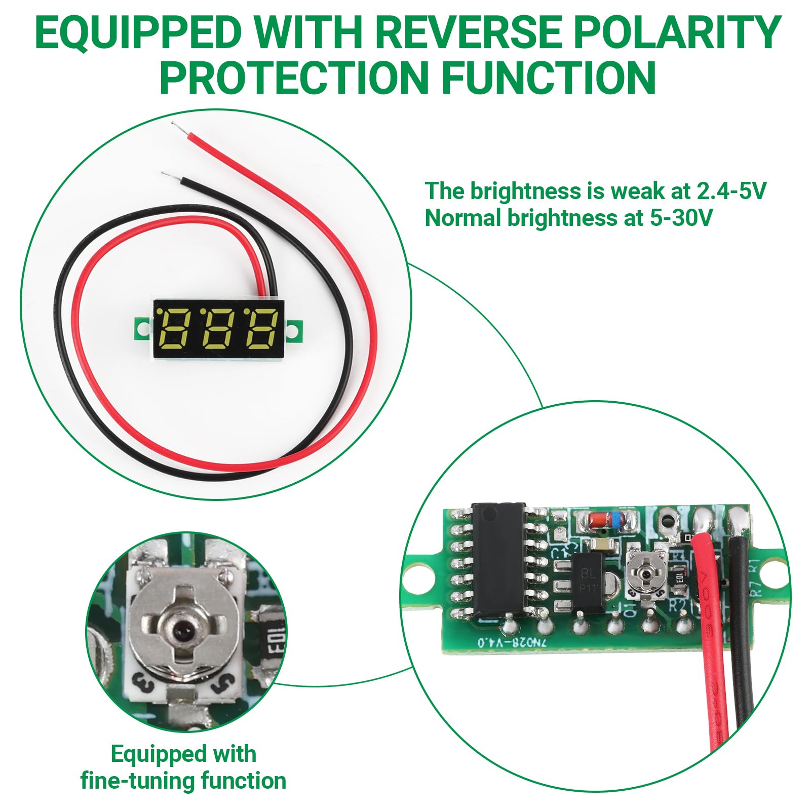 5 Pezzi Mini Voltmetri Digitali, Voltmetro DC Digitale 0.28 Pollici, 2.5V-40V DC con Protezione Inversione Polarità, Display LED, Adatti per Misurazioni Accurate della Tensione, 5 Colori