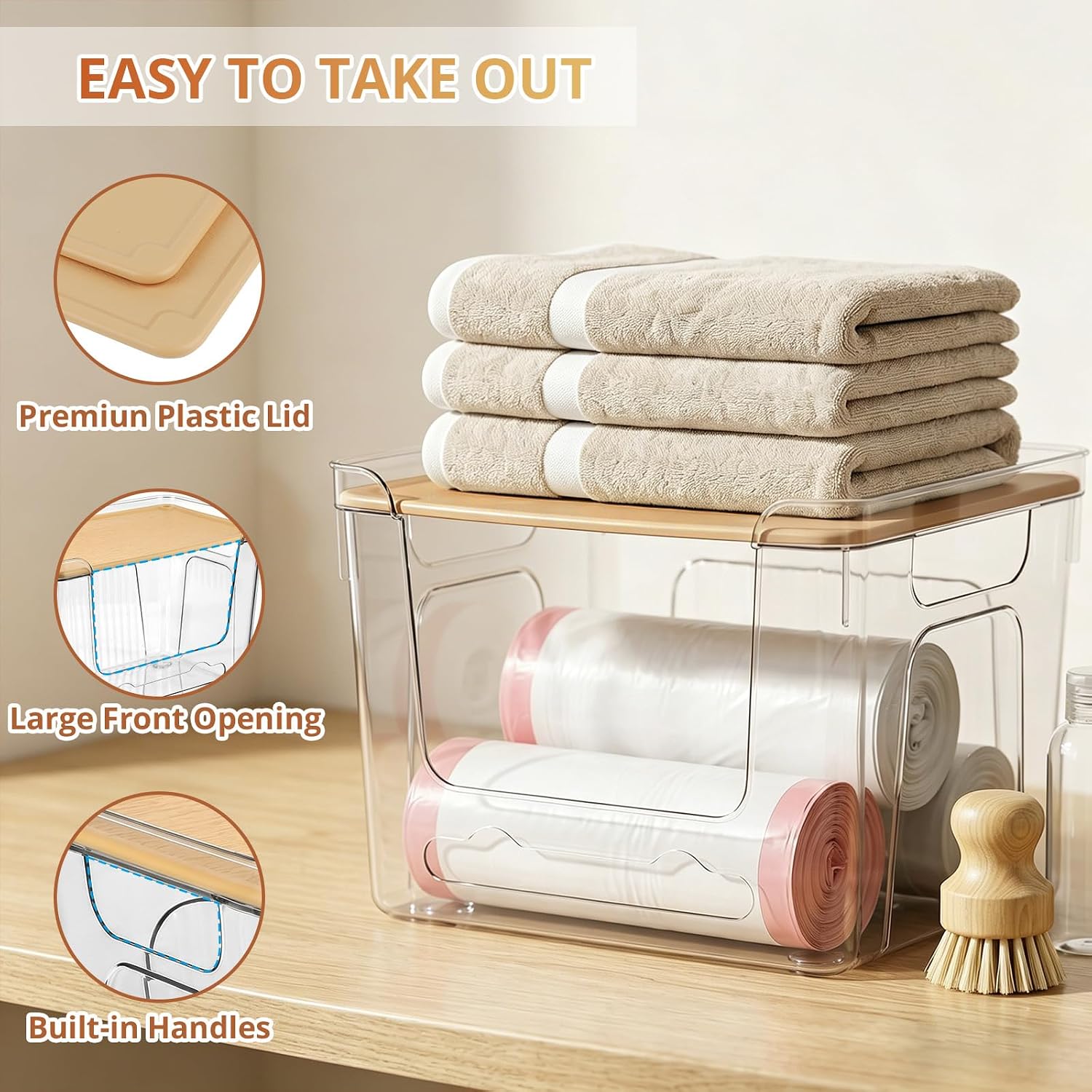 CANTAMI 4 Pack Trash Bag Dispenser With Lid, Stackable Plastic Trash Bag Holder, Clear Trash Bag Organizer for Kitchen, Laundry Room, Under Sink Organization and Storage