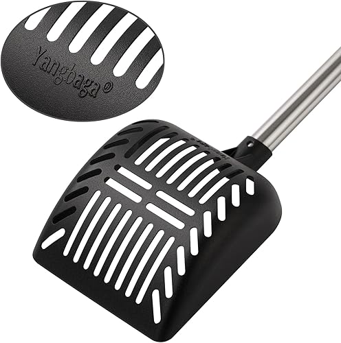 Miniatura 5 de Yangbaga Cuchara de arena de metal para gatos con pala profunda y mango largo, tamiz desmontable de acero inoxidable antiadherente con agarre