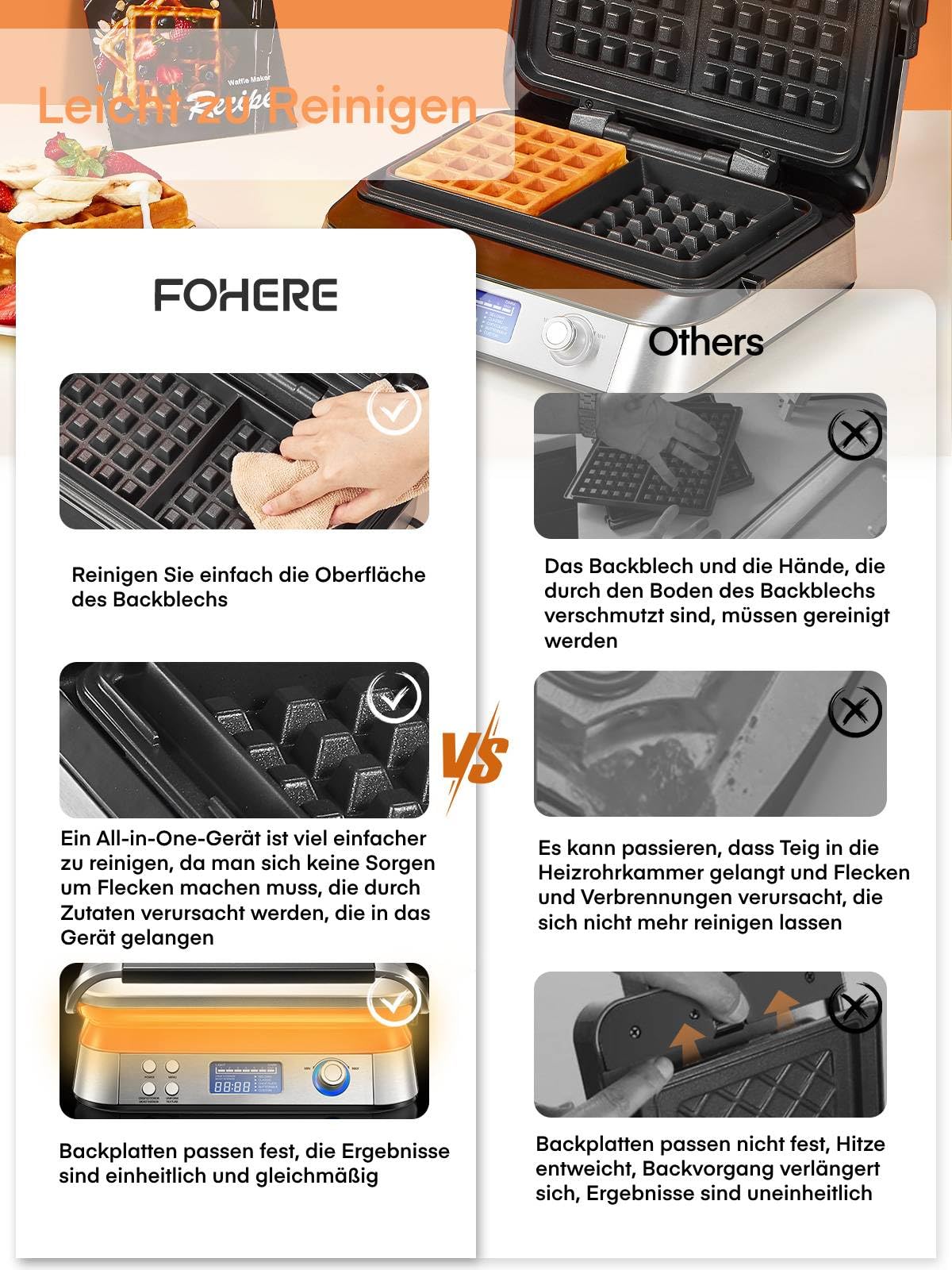 FOHERE Waffeleisen 1600 W, Doppelwaffeleisen für Belgische Waffeln, 5 Programme, 7 Bräunungsstufen, LCD Display, Countdown Timer, Überlaufrille, Extra Tiefe Heizplatten