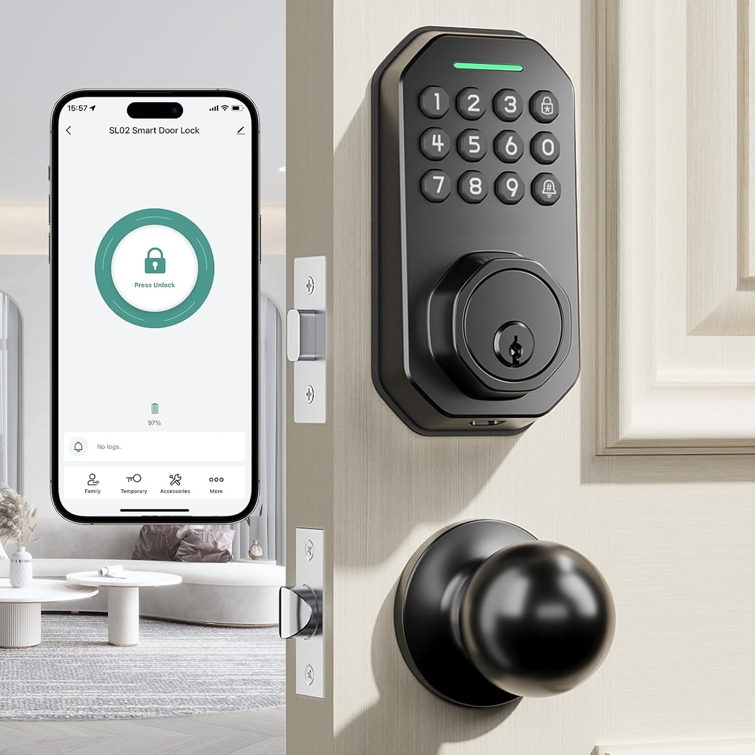 VCHOO Serrure intelligente WiFi sans clé pour porte d'entrée, serrure de porte Wi-Fi, verrouillage automatique