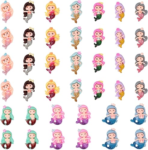 Honbay 40 dijes de resina con parte trasera plana de sirena con purpurina, adornos de resina con temática marina, cabujones de resina de sirena de