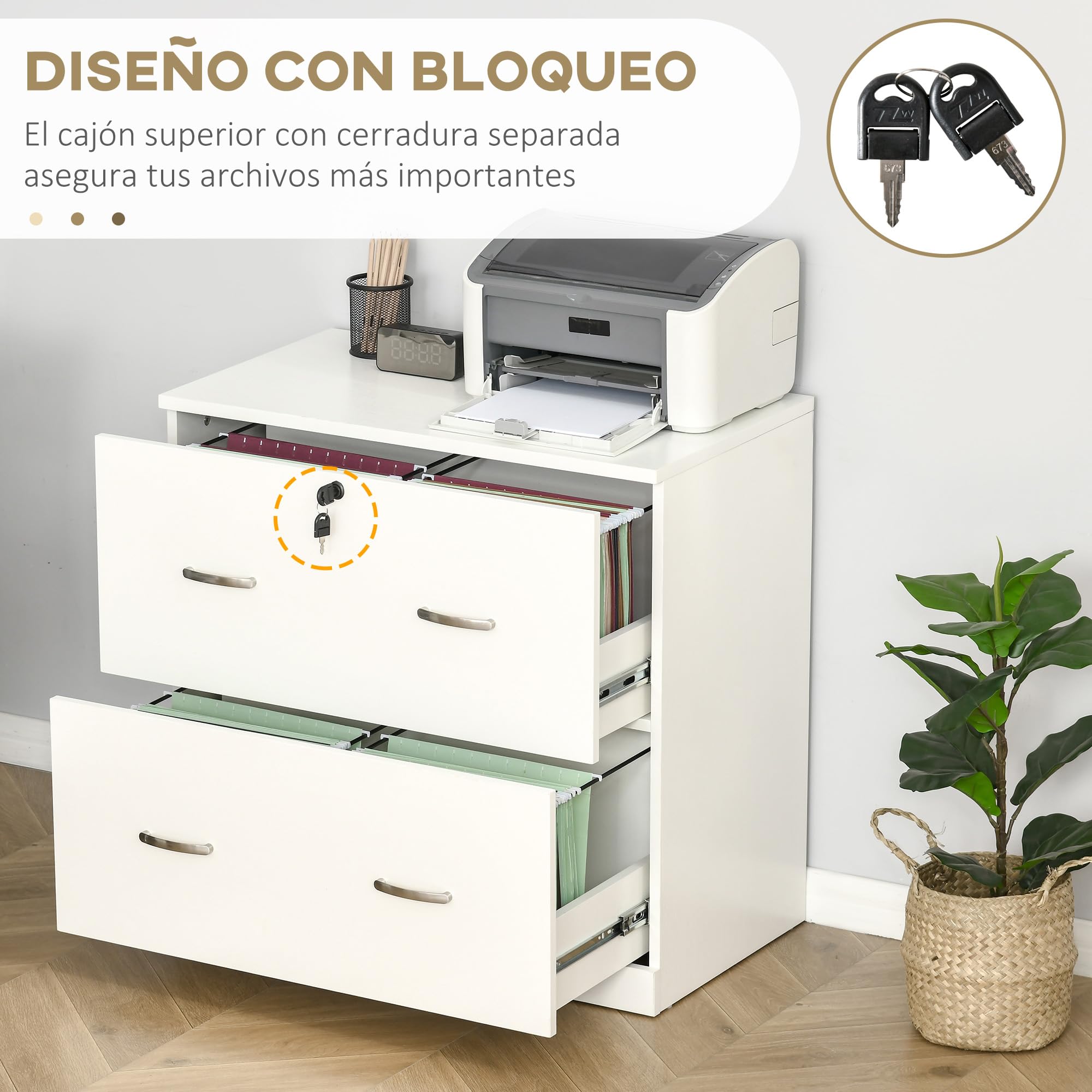 Vinsetto Cajonera de Escritorio con 2 Cajones Cajonera de Oficina con Guías para Carpetas Colgantes para A4 Cerradura y 2 Llaves para Estudio Salón 74x42x72 cm Blanco