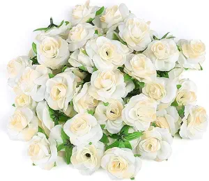 Kesoto 50pcs Mini Cream White Roses Artificial Flowers Bulk, 1.6" Small Silk Fake Roses Flower Heads for Crafts, Decoration, Wedding Centerpieces Party Home Decor