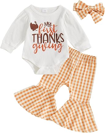 My First Thanksgiving Baby Girl Outfit Turkey Long Sleeve Romper Plaid Bell Bottom Pants Headband 3Pcs Clothes Set