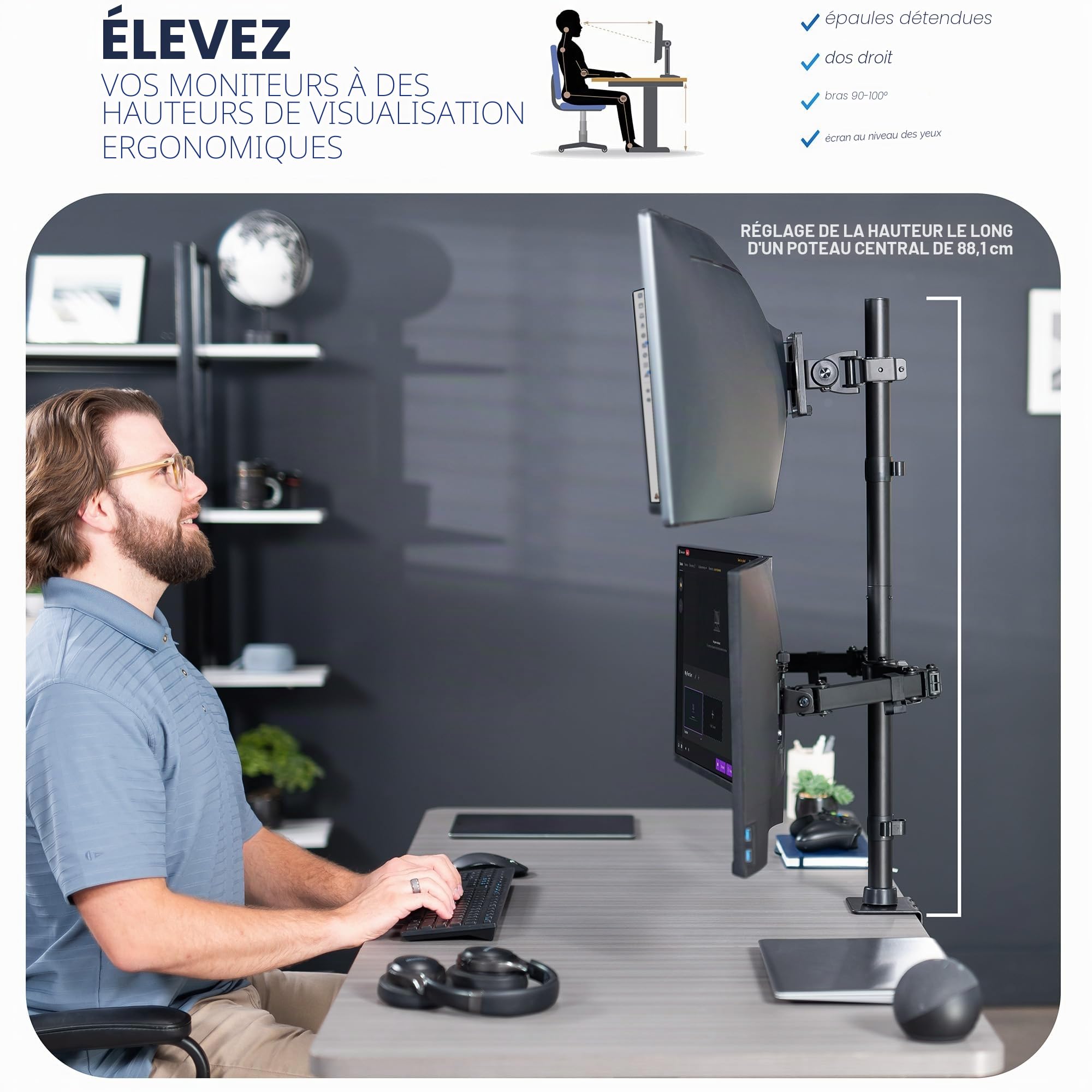 Vivo STAND-V103T Support de Bureau Extra Haut pour écrans jusqu'à 49" sur Support Central et écrans de 27" sur Supports latéraux, Peut Supporter jusqu'à 20 kg, Noir