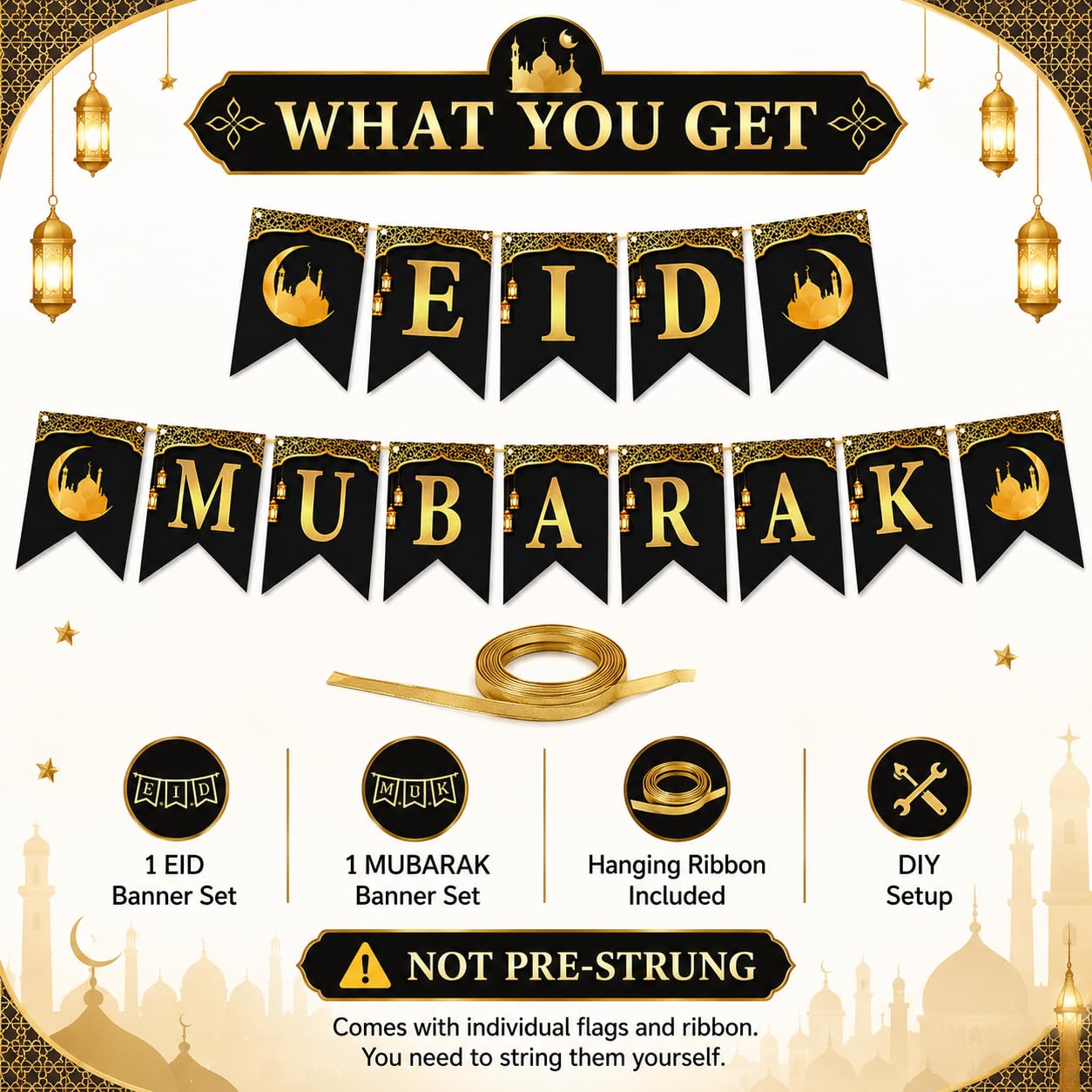 Festiko® Eid Mubarak Banner Decoration for Home, Black Gold Ramadan & Eid Kareem Banner, Islamic Mosque Lantern Theme Party Decor, DIY Hanging Banner, 350 GSM Paper Decor 2