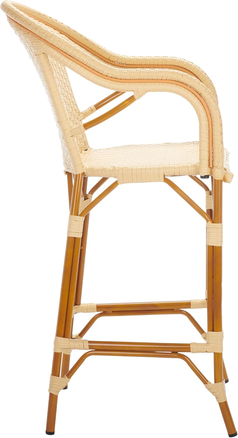 SAFAVIEH Outdoor Collection California Bistro Natural 30-inch Seat Height Bar Stool with Arms (Fully Assembled)