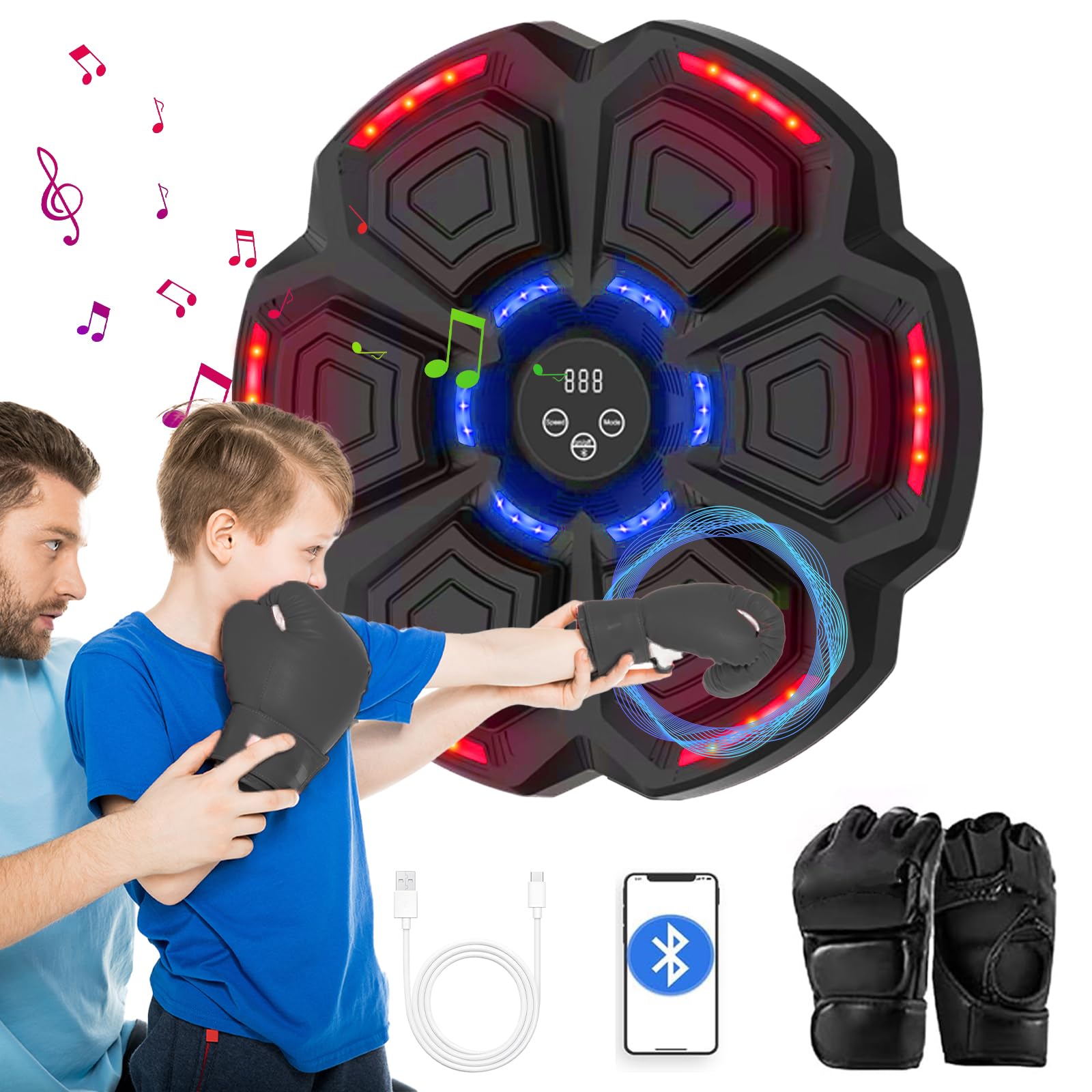 Music Boxing Machine Adulti,Macchina da Box Musical con Guanti da Boxe,9 modalità di velocità e modalità di conteggio supportano Bluetooth,LED Musica Boxe Allenamento per adulti e bambini Exercise