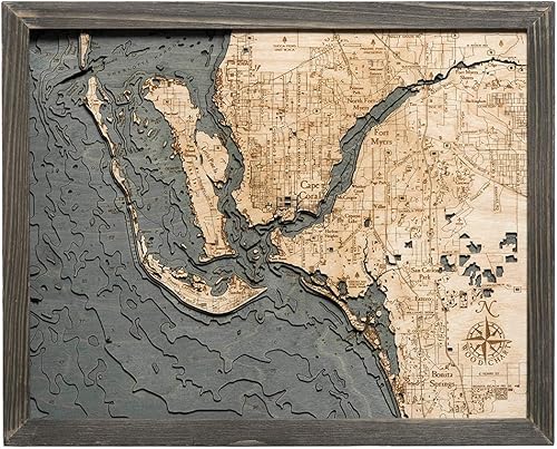 Fort Myers - Tabla de madera náutica 3D, marco gris, 16 x 20 pulgadas