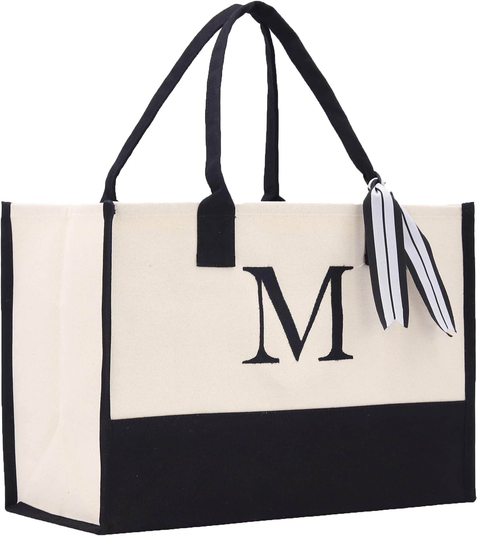 Personalized Gift Monogram Initial 100% Cotton Two Tone Chic Tote Bag with Customize Option - Black