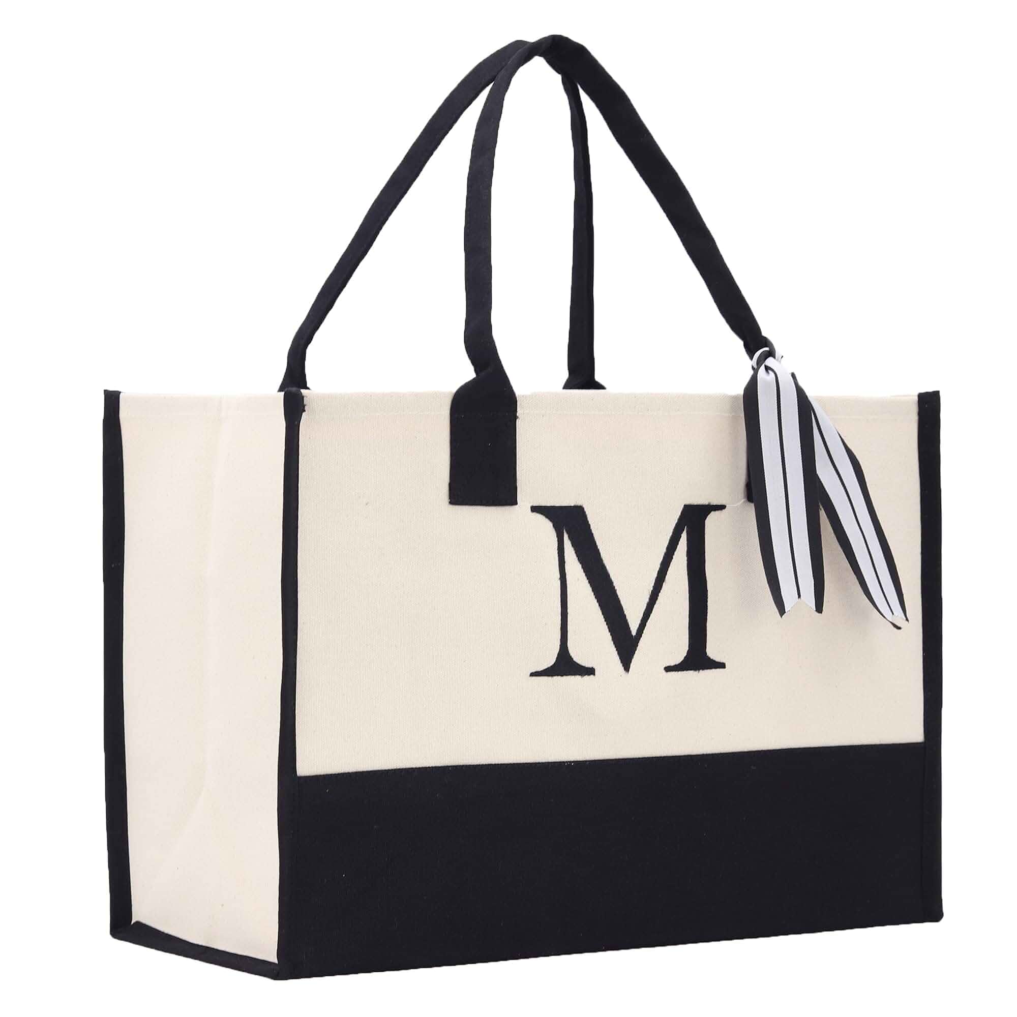 VANESSA ROSELLA Personalized Gift Monogram Initial 100% Cotton Two Tone Chic Tote Bag with Customize Option - Black