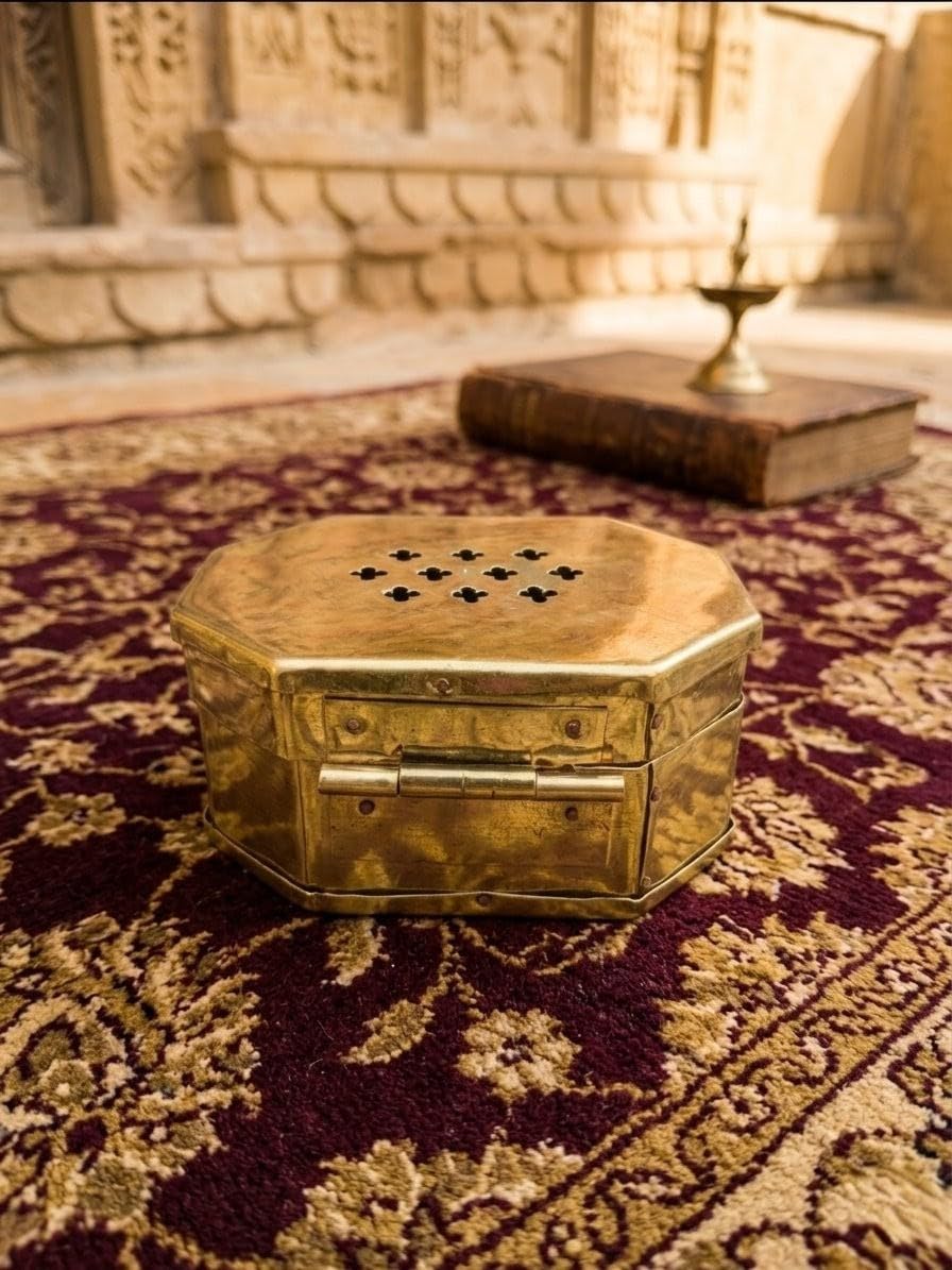 BHAKTI SHRINGAR Handcrafted Brass Octagonal Box with Jali Work | Vintage Brass Jewelry & Keepsake Storage Box | Decorative Multipurpose Cash Box for Pooja Accessories, Home Décor & Gifting-image-3